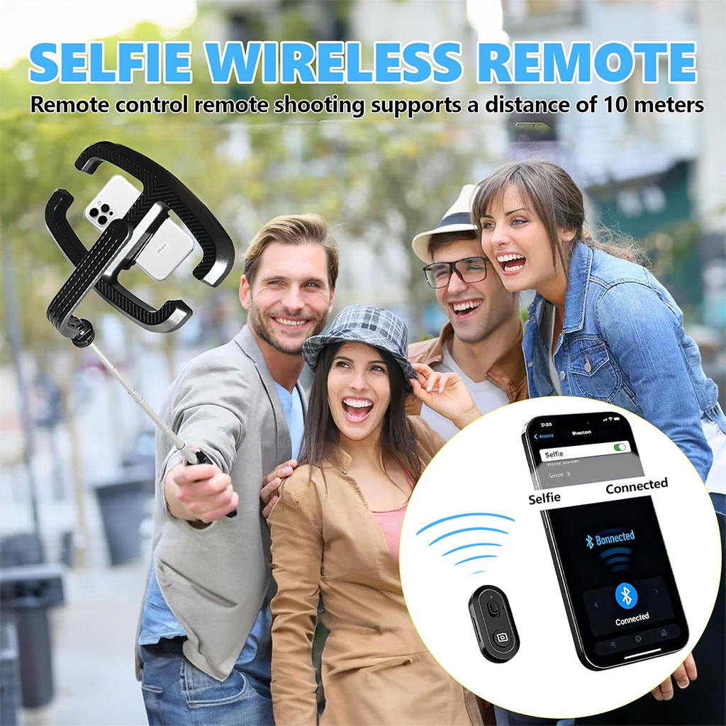 Extendable selfie stick with phone holder and LED light
