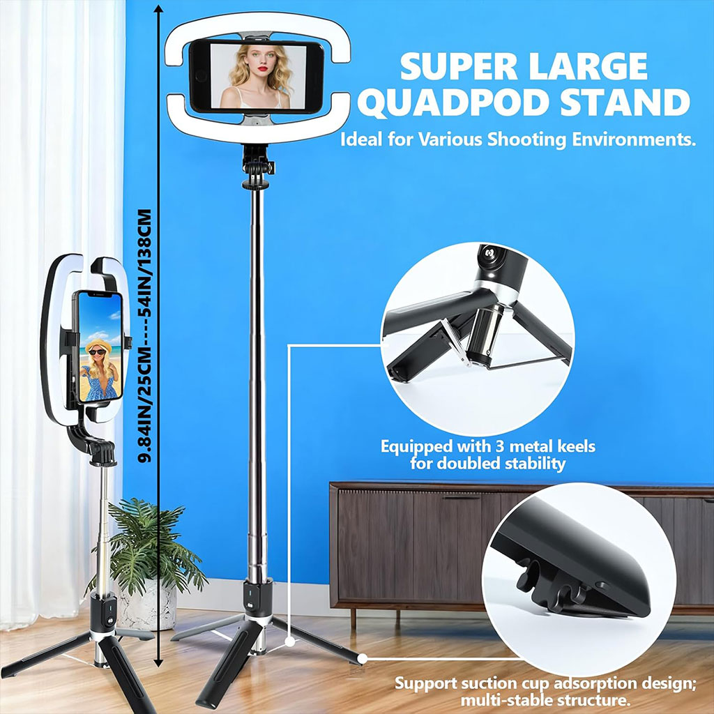 Extendable selfie stick with phone holder and LED light