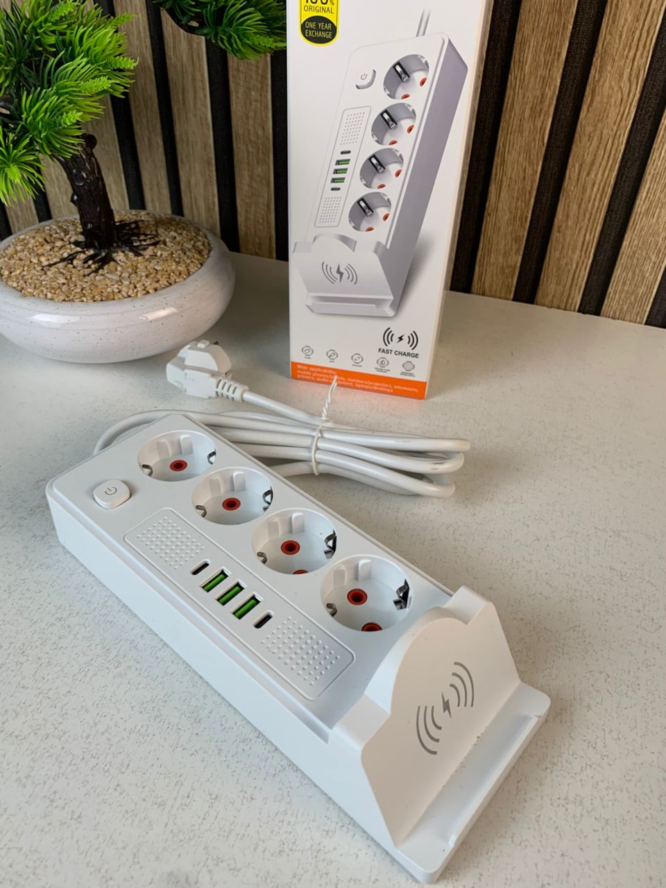 4-Socket Power Strip 2500W with USB, Type-C and Wireless Charger