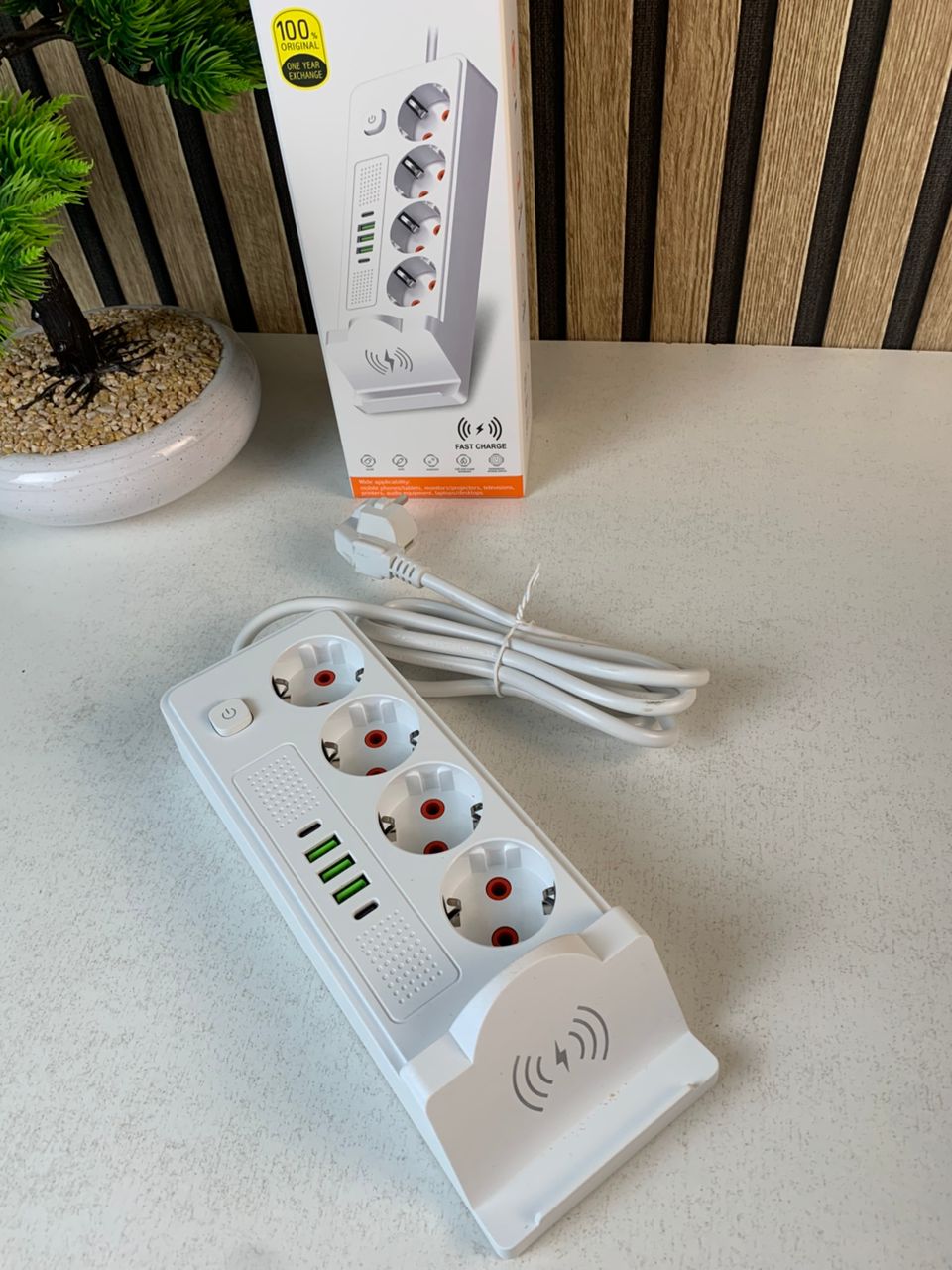 4-Socket Power Strip 2500W with USB, Type-C and Wireless Charger