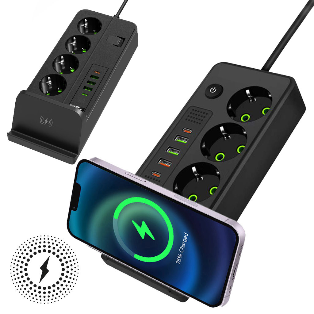 مقبس طاقة 4 منافذ 2500 واط مع USB وType-C وشاحن لاسلكي