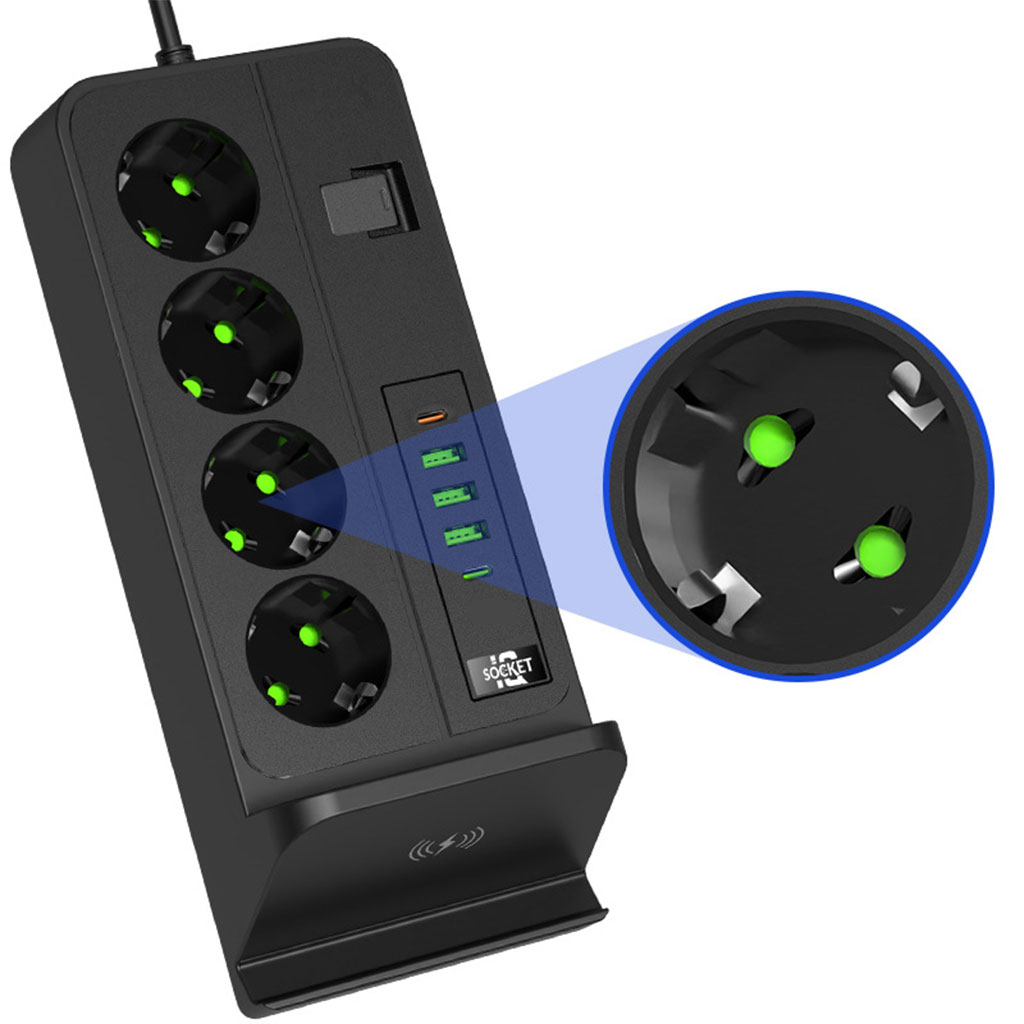 4-Socket Power Strip 2500W with USB, Type-C and Wireless Charger