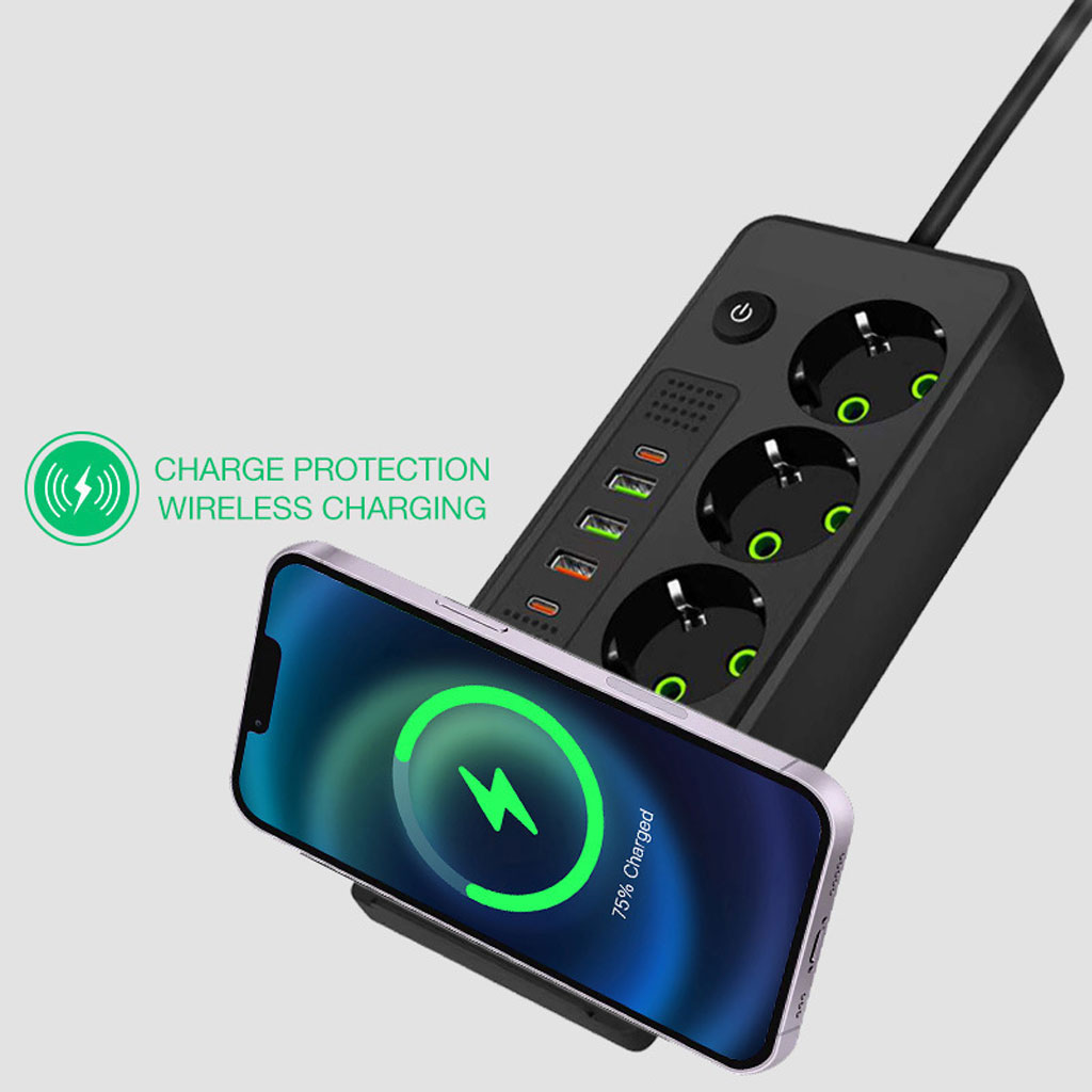 4-Socket Power Strip 2500W with USB, Type-C and Wireless Charger