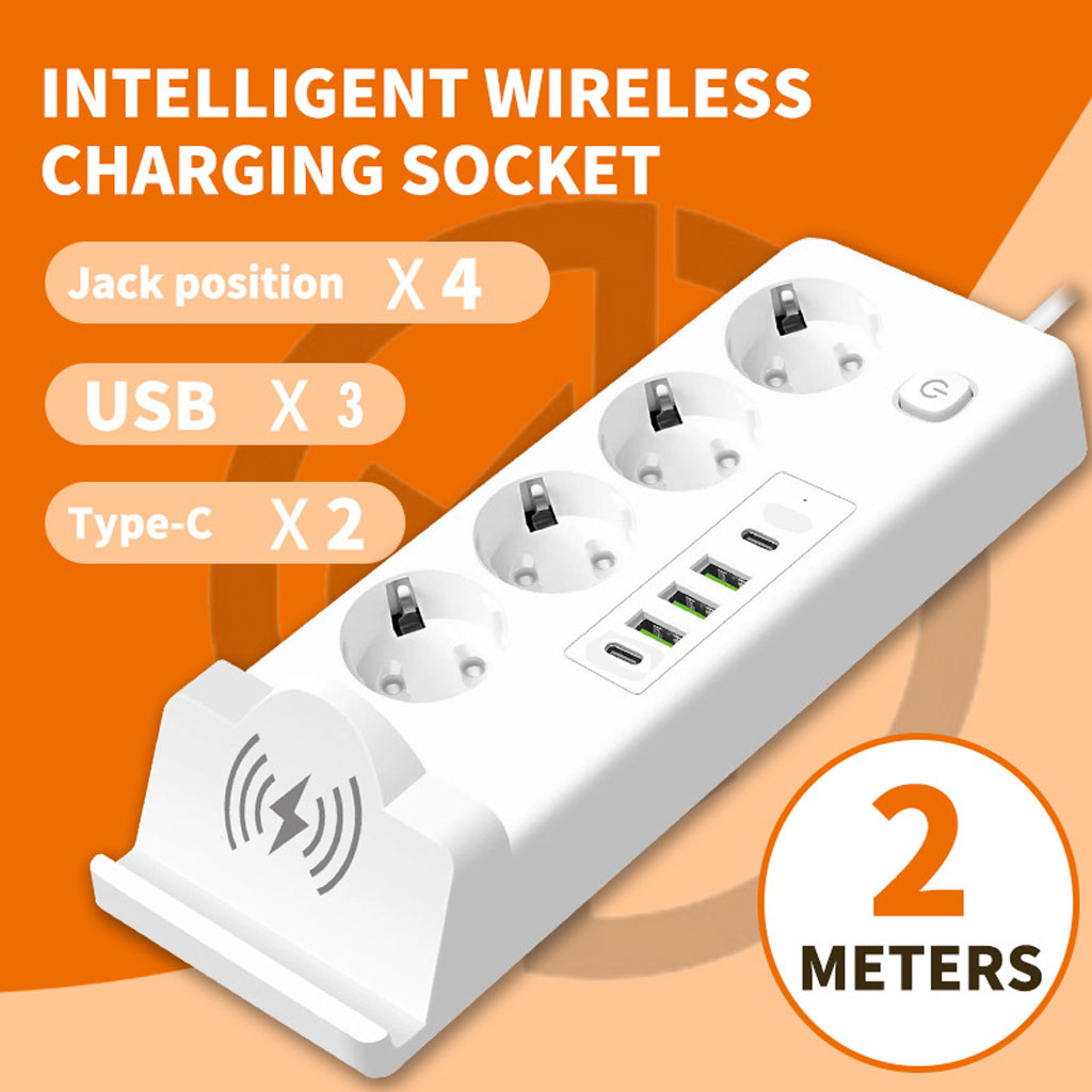 4-Socket Power Strip 2500W with USB, Type-C and Wireless Charger