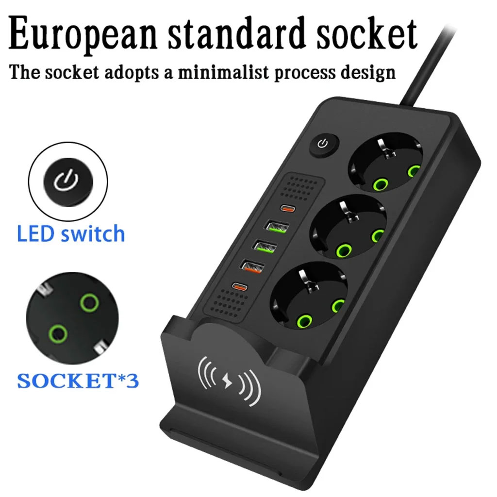 3-Socket Power Strip 2500W with USB, Type-C and Wireless Charging