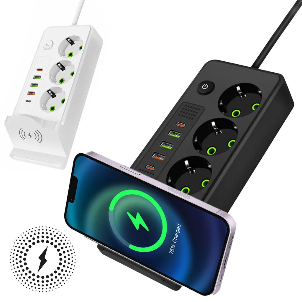 مقبس طاقة 3 منافذ 2500 واط مع USB وType-C وشحن لاسلكي