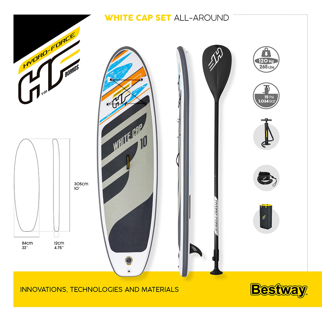 Hydro-Force White Cap Paddle gonflable Avec Pompe À Main Et Sac À Dos Bestway-65342