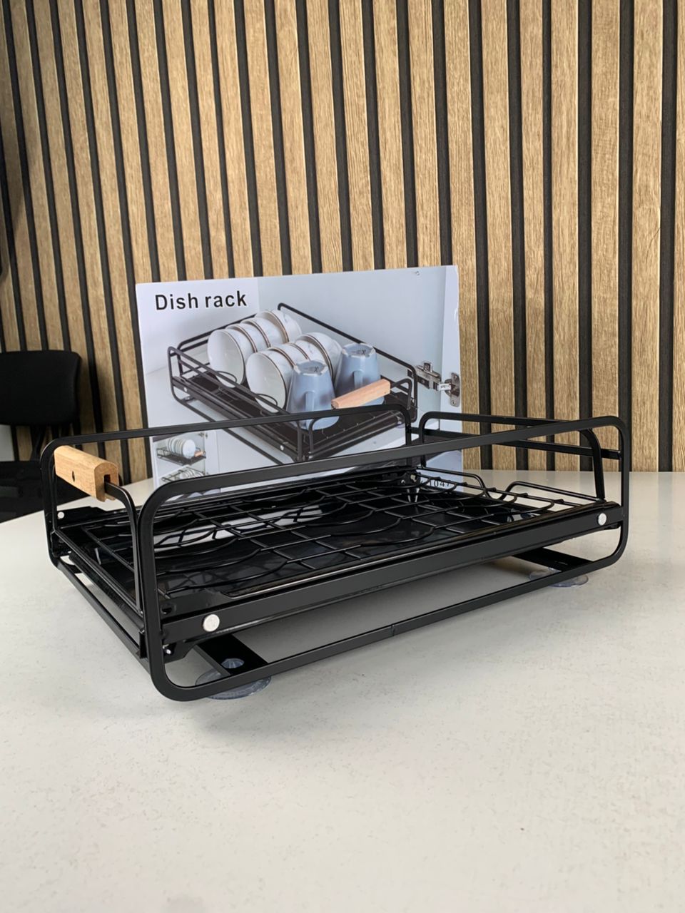 Kitchen dish rack with wooden handles