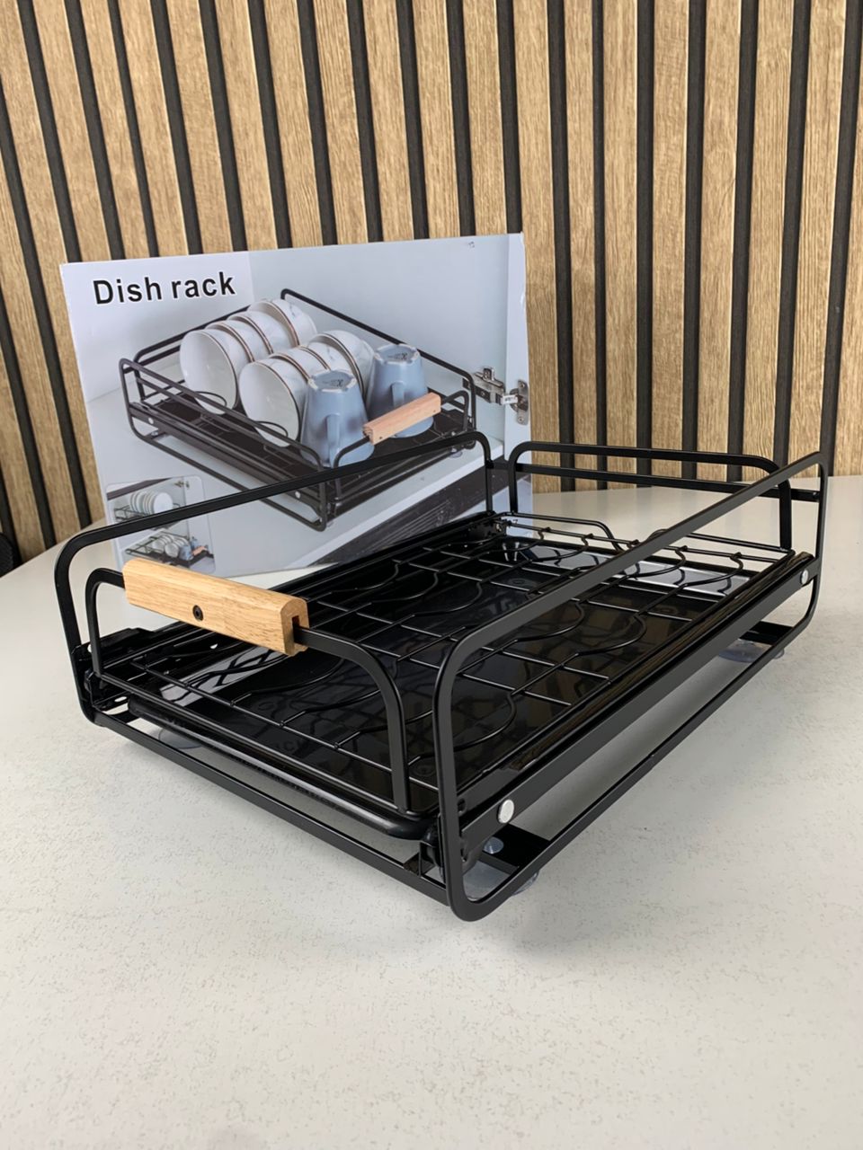 Kitchen dish rack with wooden handles