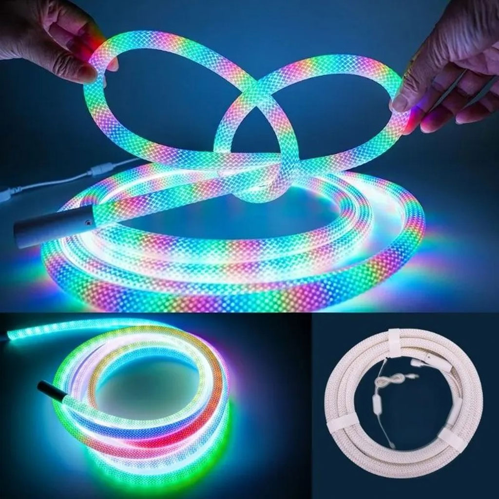 شريط إضاءة نيون LED دائري 360 درجة RGB مرن بنمط شبكي