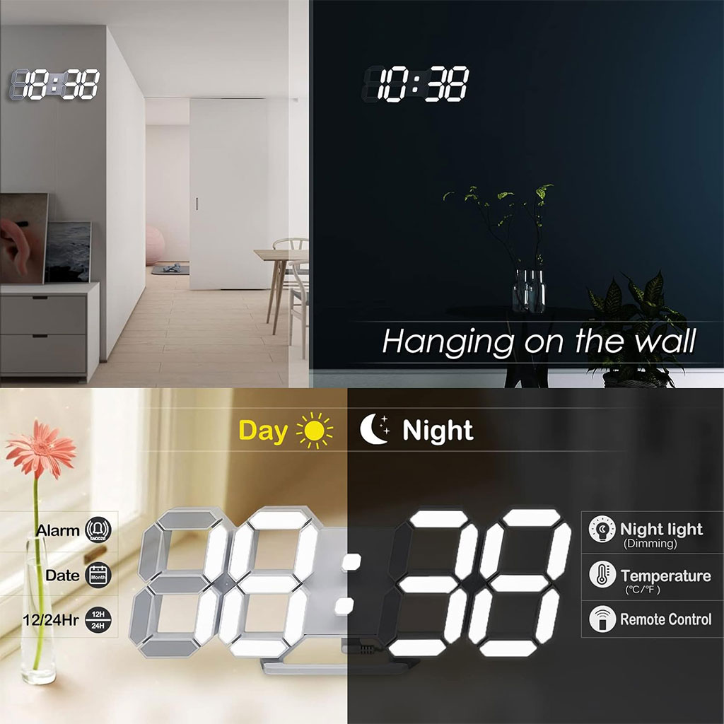 ساعة حائط رقمية LED ثلاثية الأبعاد GH0720L بيضاء