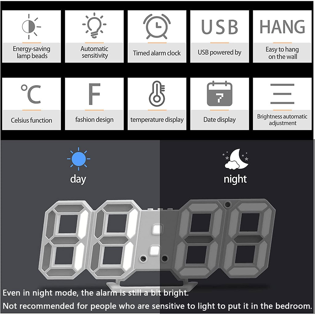 ساعة حائط رقمية LED ثلاثية الأبعاد GH0720L بيضاء