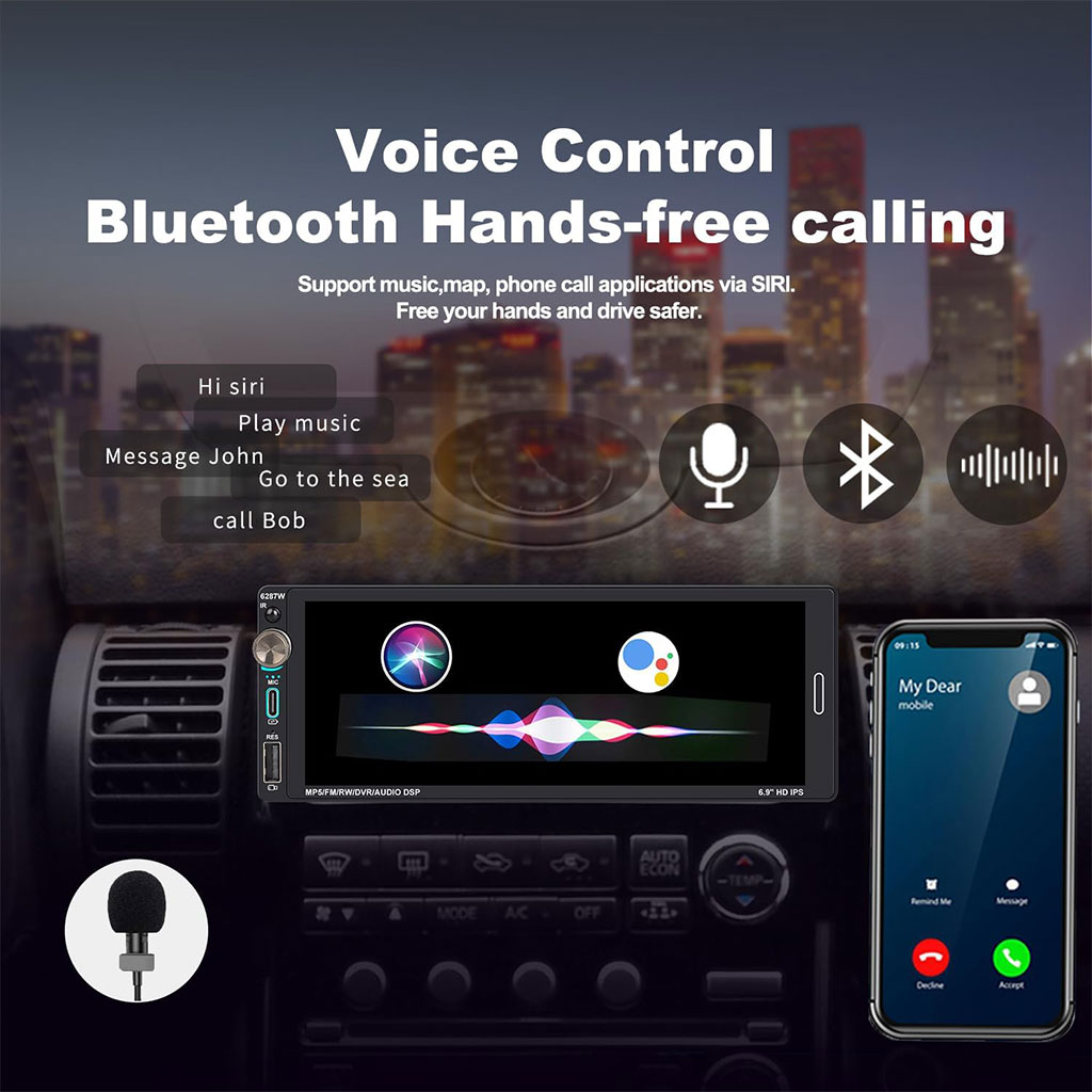 1 DIN Car Radio 6.9-inch Touchscreen with Apple CarPlay and Android Auto