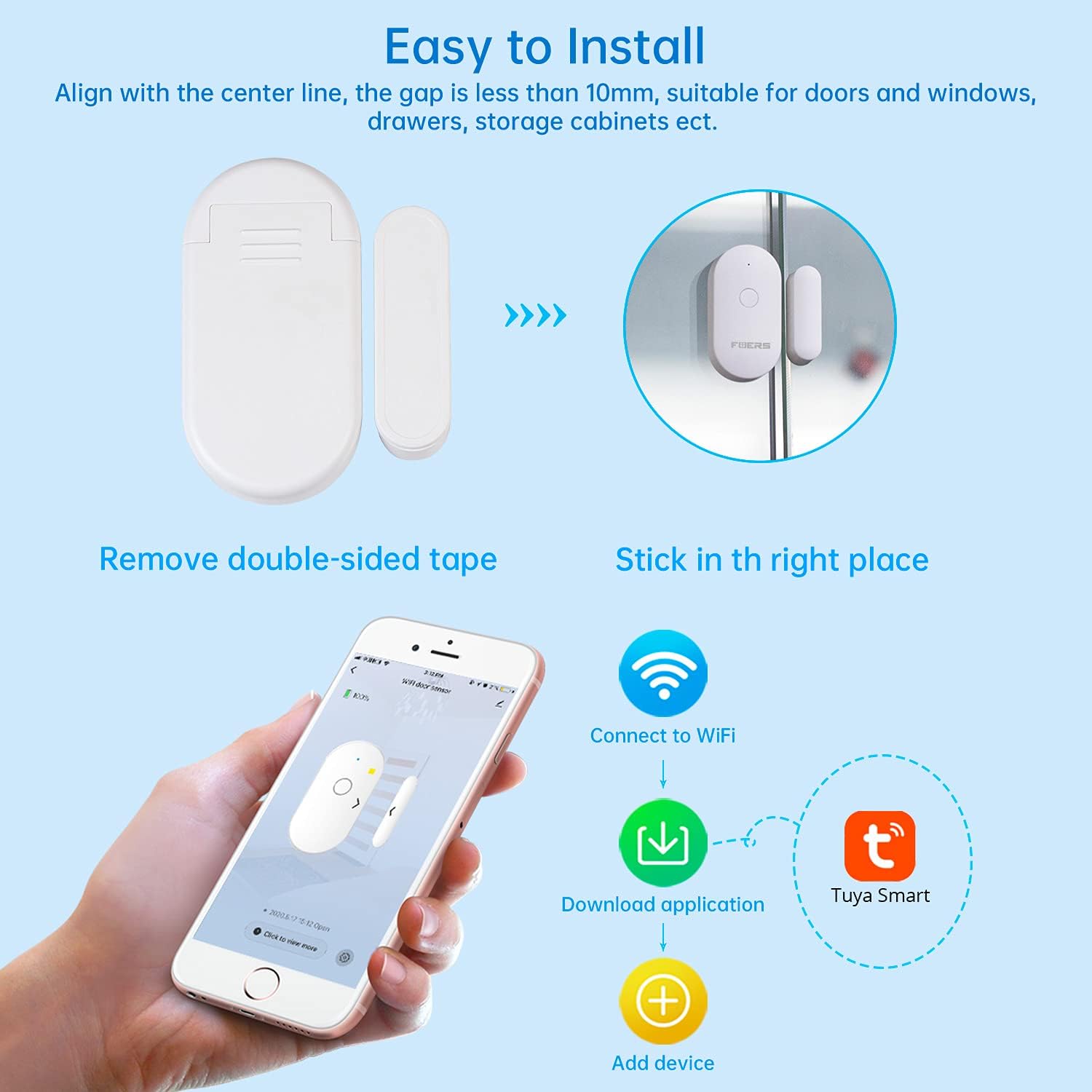 Détecteur d'ouverture magnétique WiFi pour portes et fenêtres avec alarme
