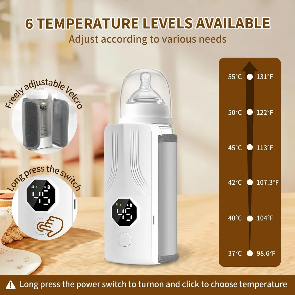 Portable rechargeable bottle warmer with LCD screen and adjustable temperature