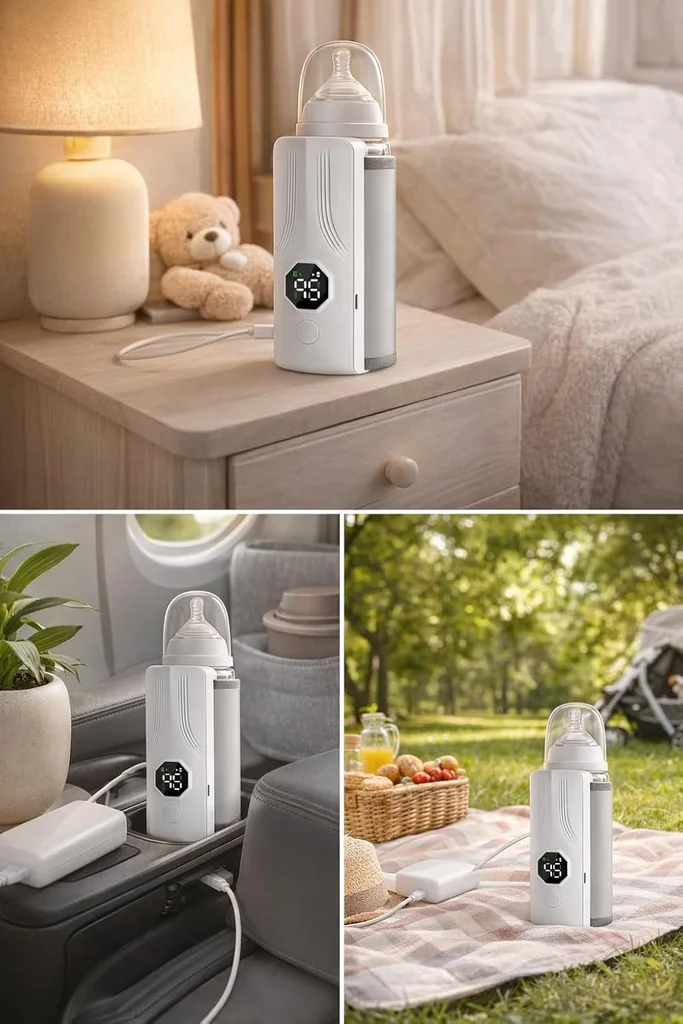 Portable rechargeable bottle warmer with LCD screen and adjustable temperature