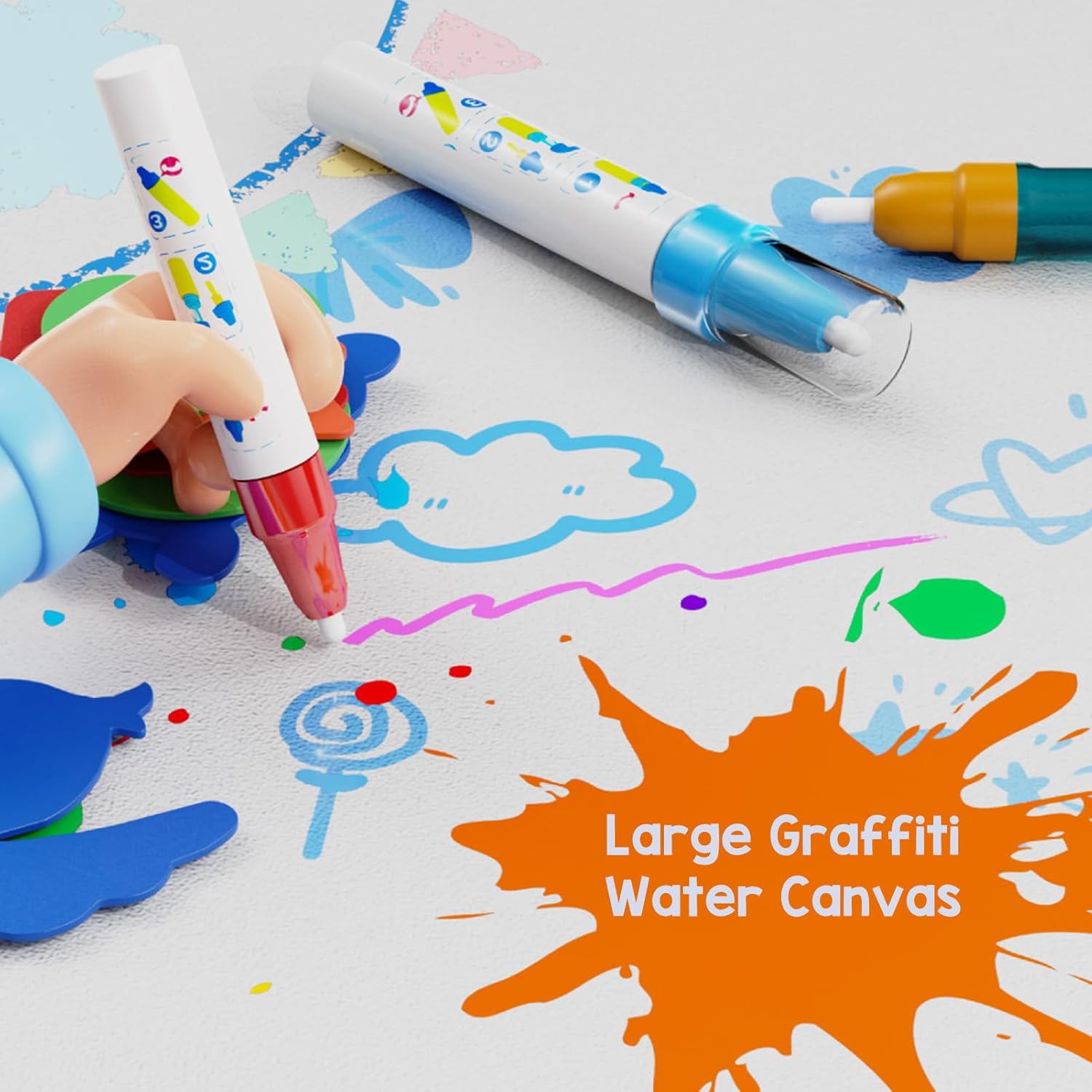Reusable and washable water coloring mat for kids with alphanumeric practice area
