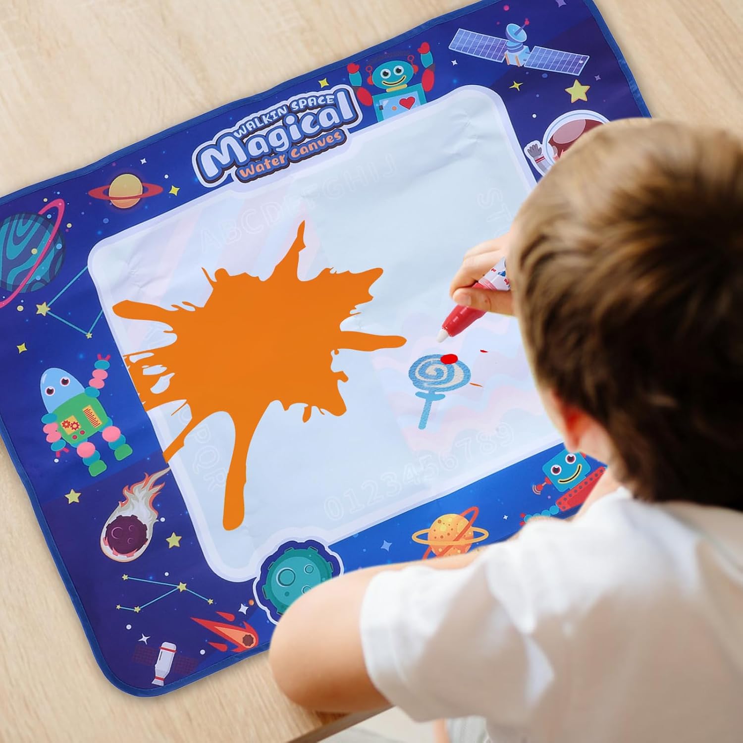 Reusable and washable water coloring mat for kids with alphanumeric practice area