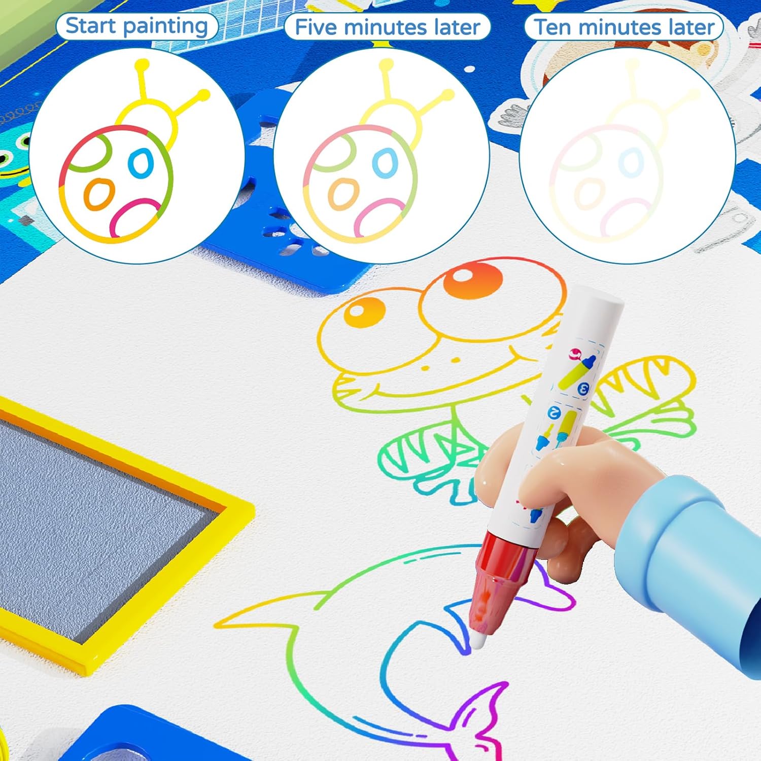 Reusable and washable water coloring mat for kids with alphanumeric practice area