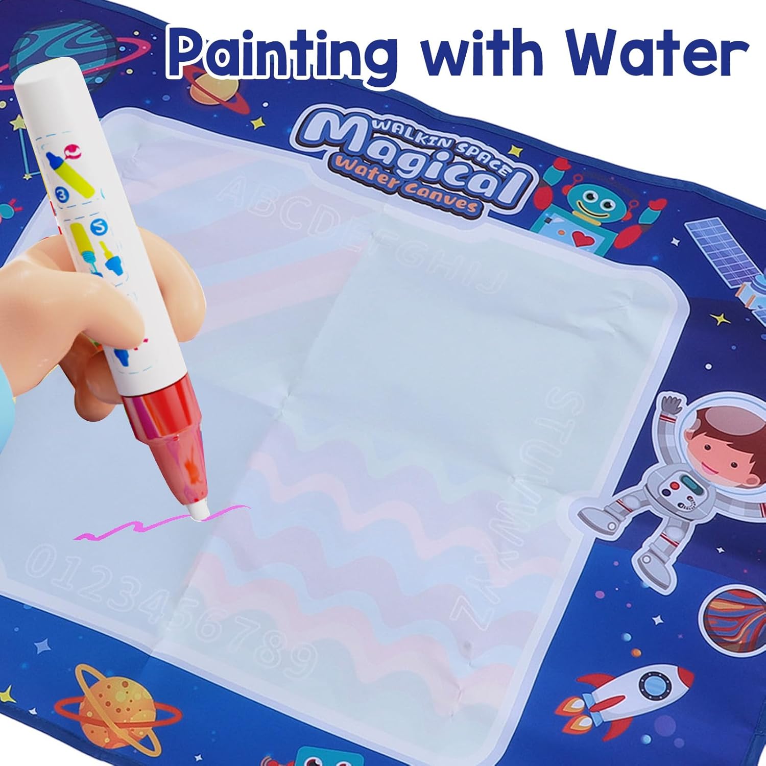 Reusable and washable water coloring mat for kids with alphanumeric practice area
