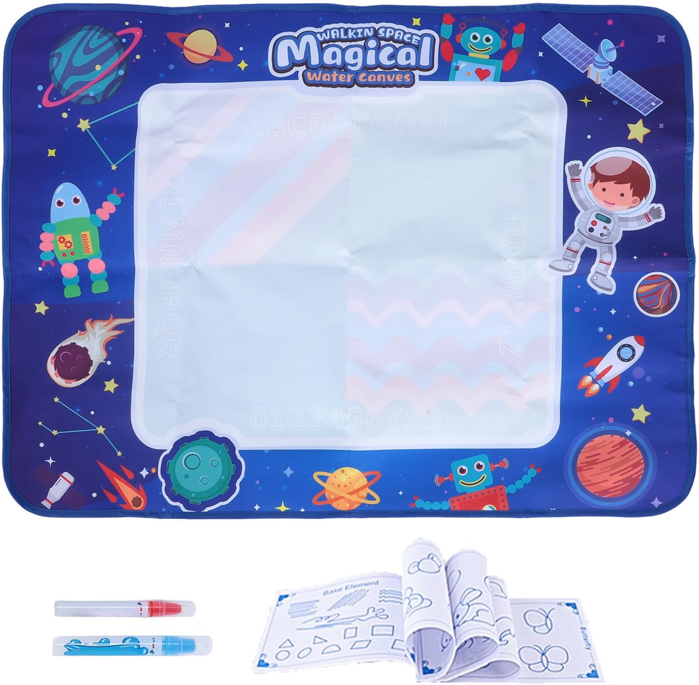 Reusable and washable water coloring mat for kids with alphanumeric practice area