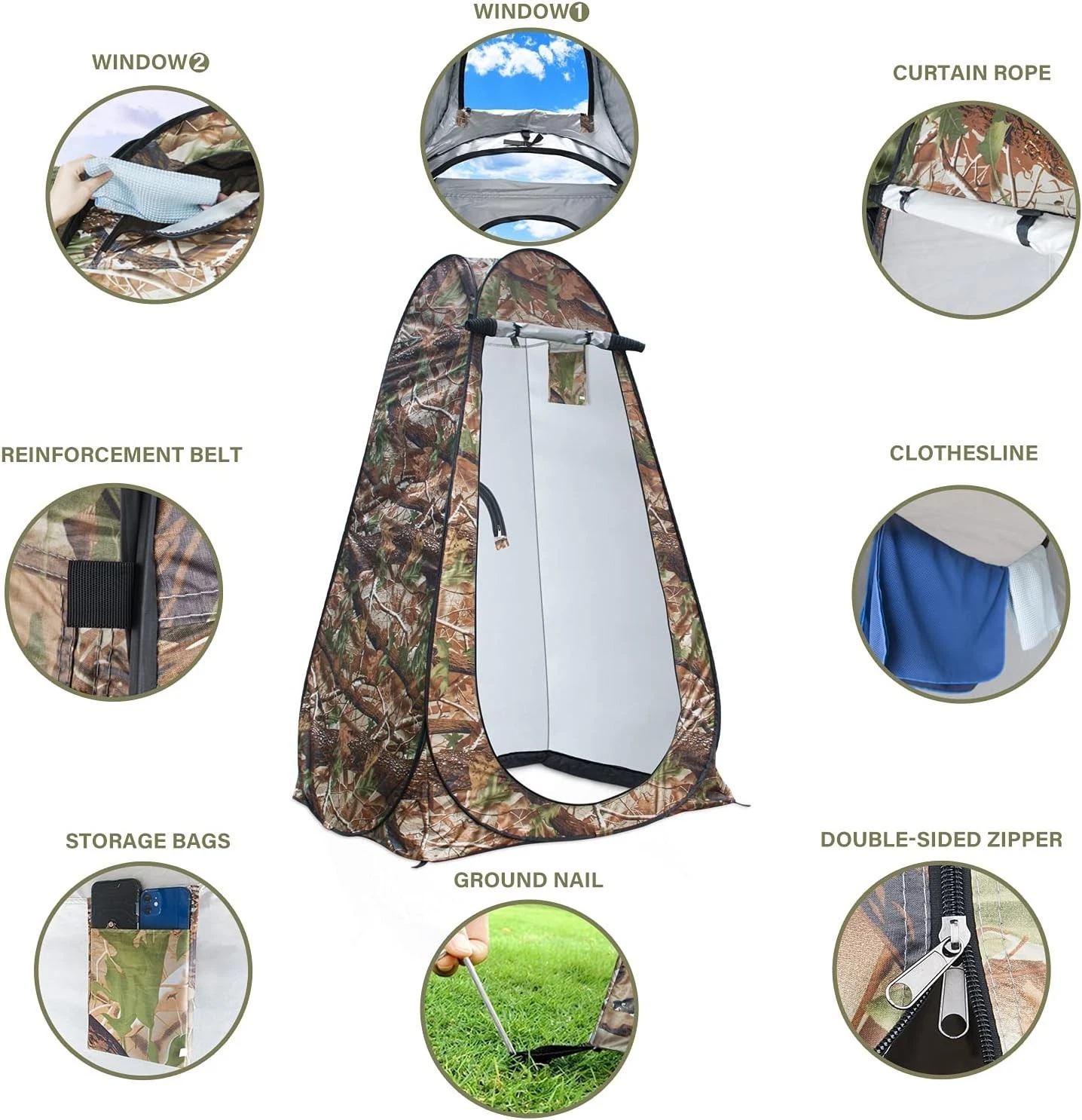 Foldable changing tent, UPF 50+ protection and waterproof, 120x120x190 cm, camouflage