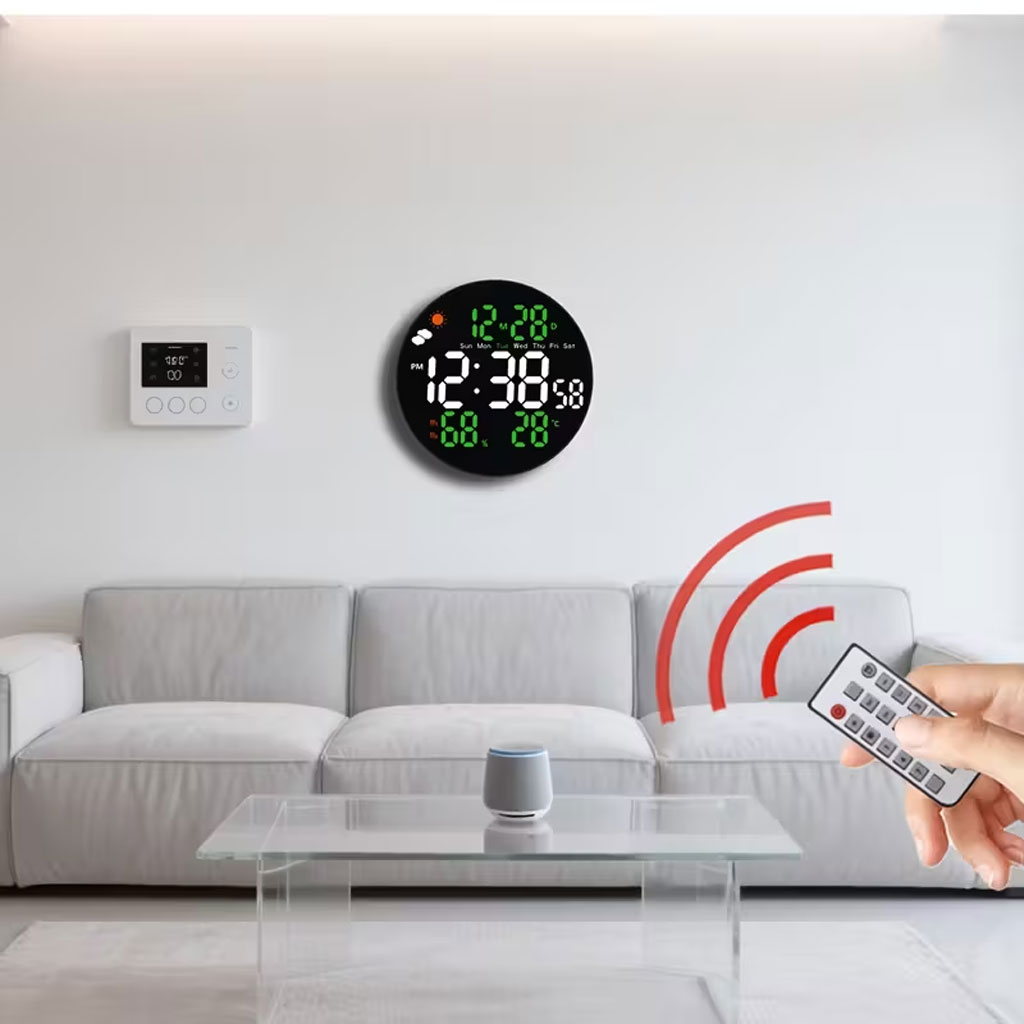 ساعة حائط رقمية دائرية LED طراز DS-3853L مع جهاز تحكم
