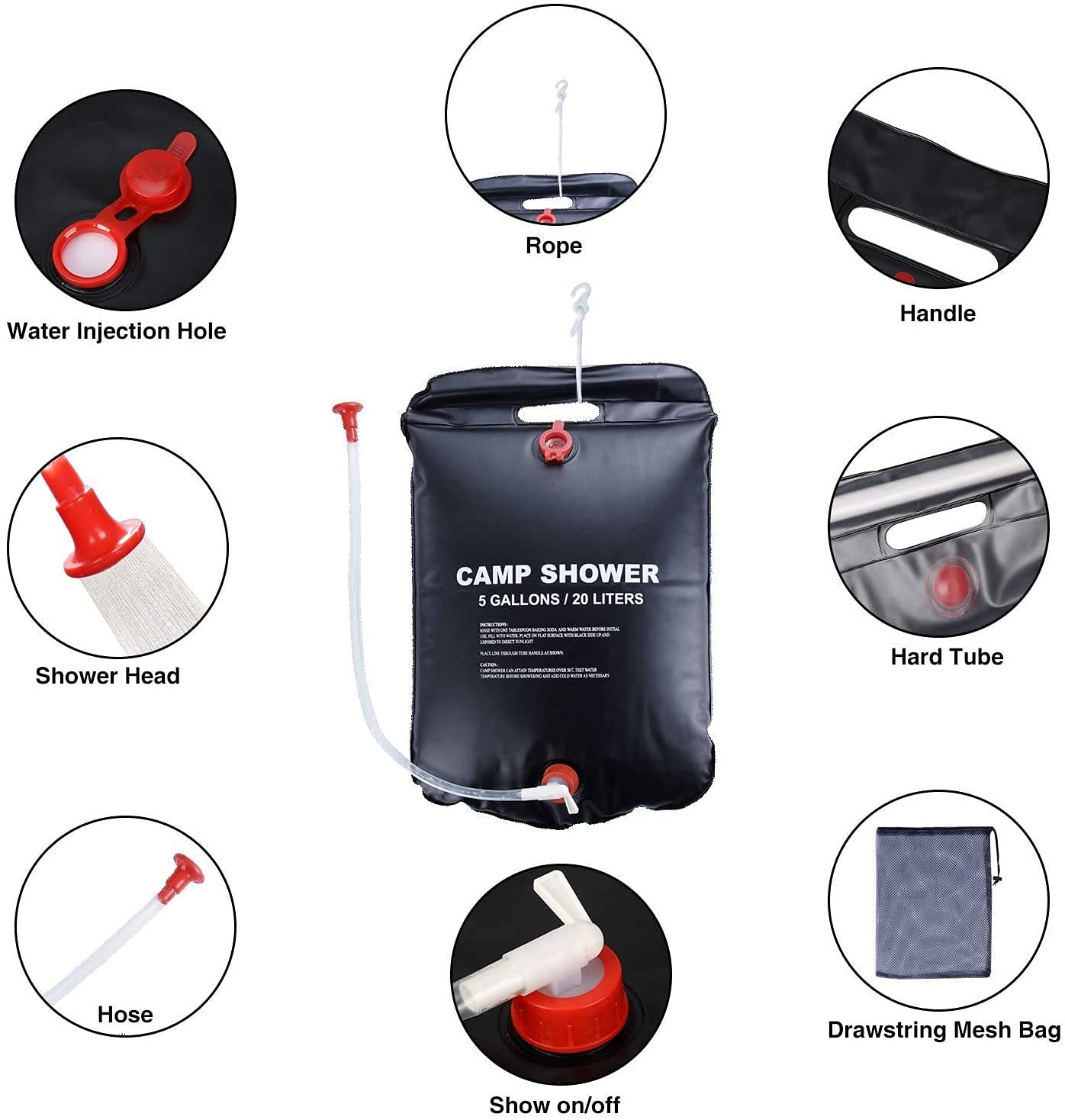 Sac de douche solaire portable 20L avec pommeau interchangeable