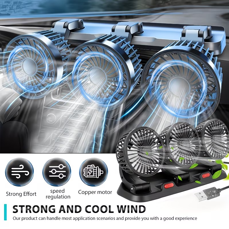 3-Head USB Car Fan 360° Adjustable 12/24V