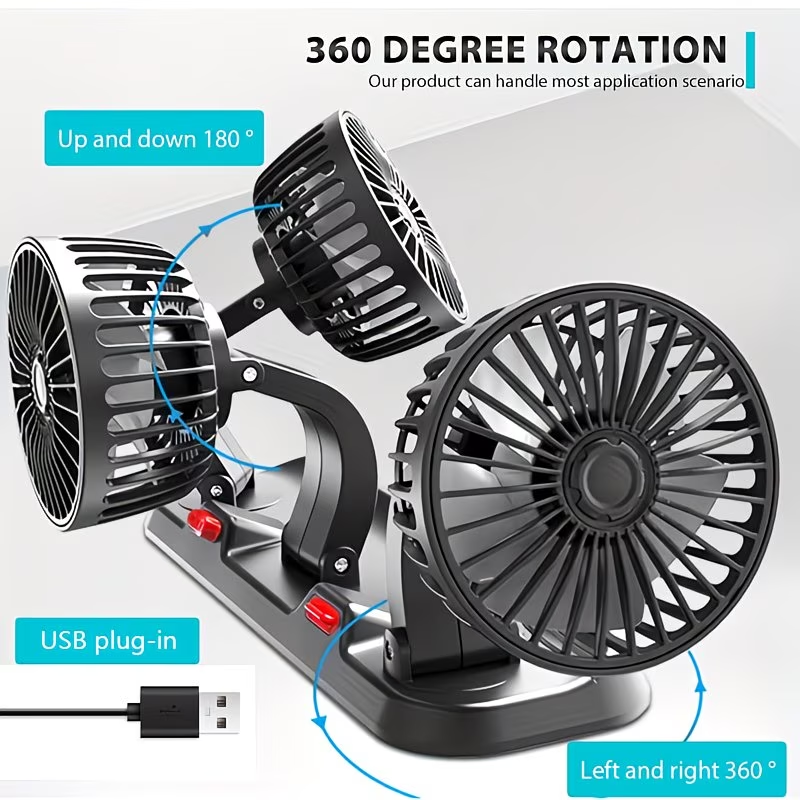 3-Head USB Car Fan 360° Adjustable 12/24V