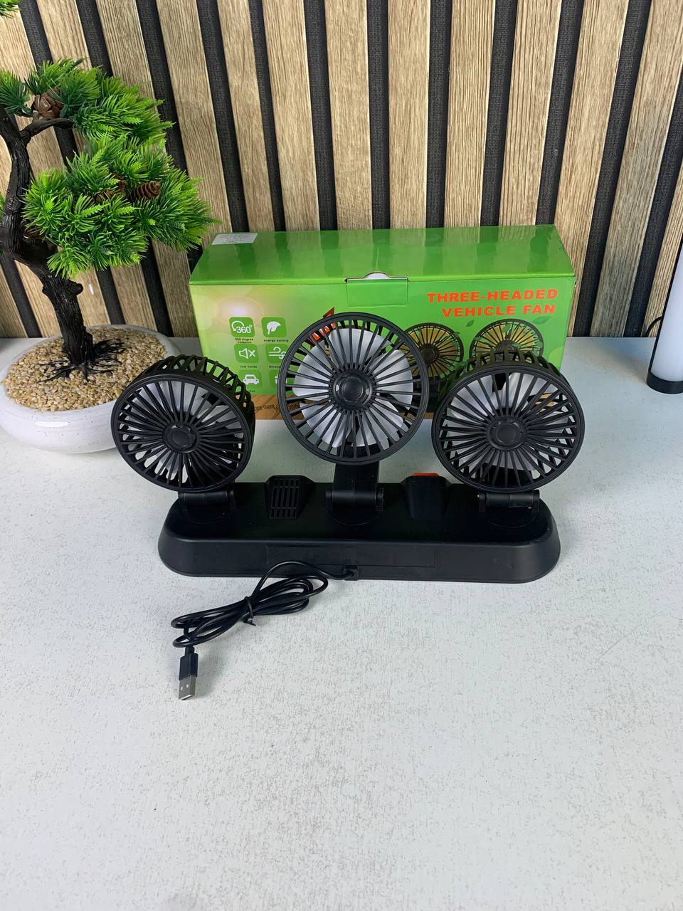 3-Head USB Car Fan 360° Adjustable 12/24V