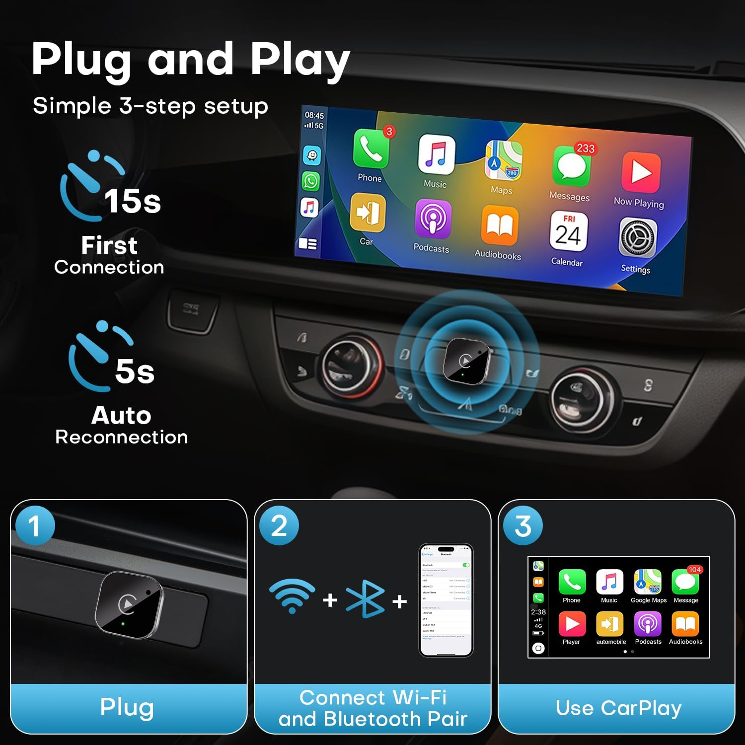 2-in-1 Wireless CarPlay and Android Auto Car Adapter