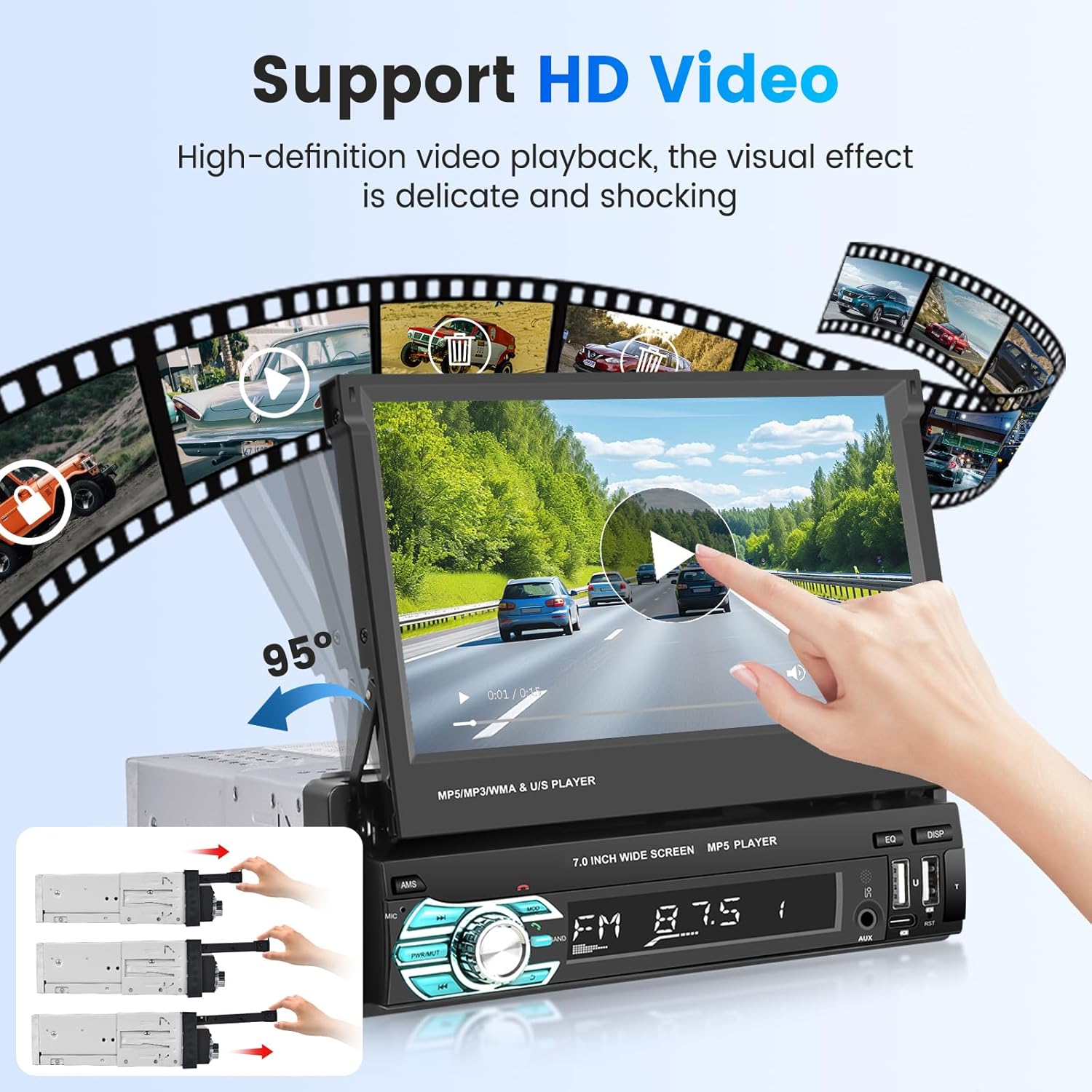 Autoradio rétractable 7 pouces, CarPlay et Android Auto, 32+2 Go