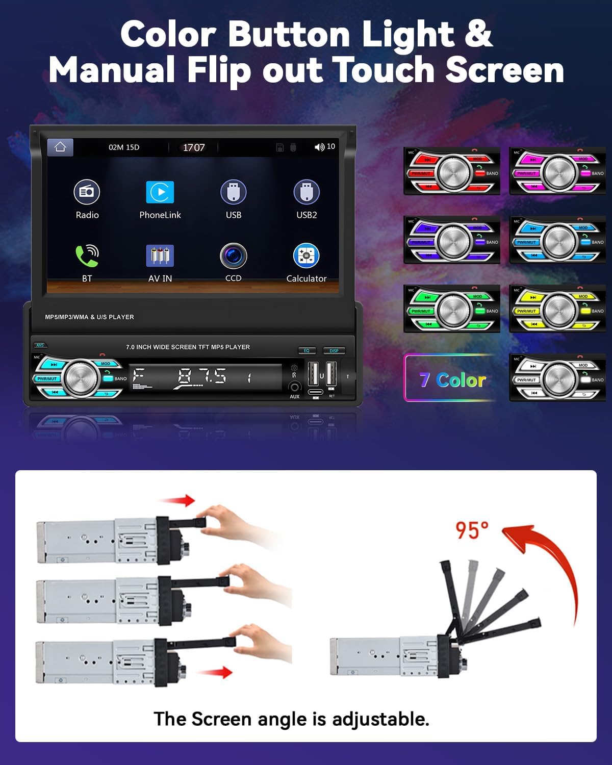 Autoradio rétractable 7 pouces, CarPlay et Android Auto, 32+2 Go