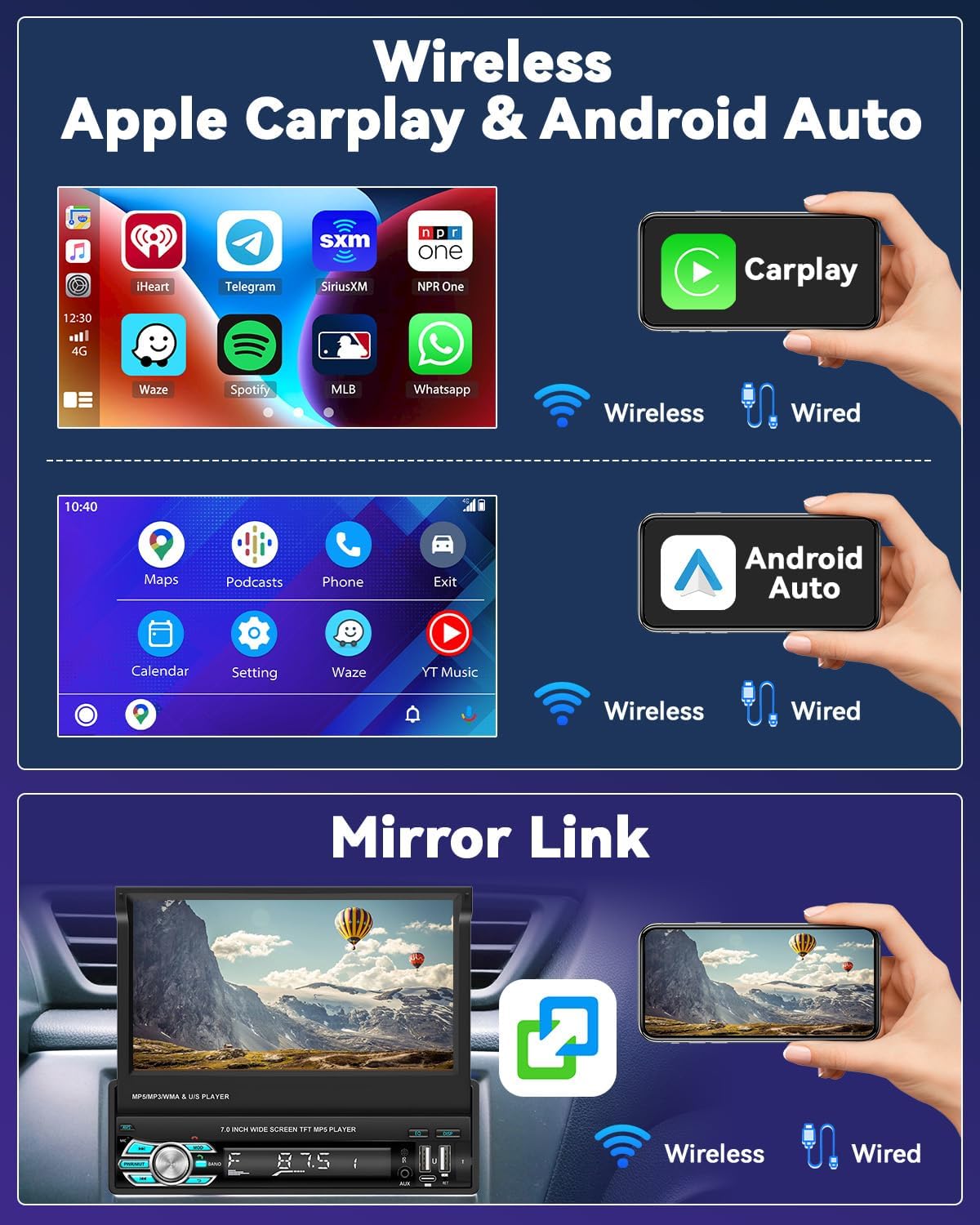 Autoradio rétractable 7 pouces, CarPlay et Android Auto, 32+2 Go