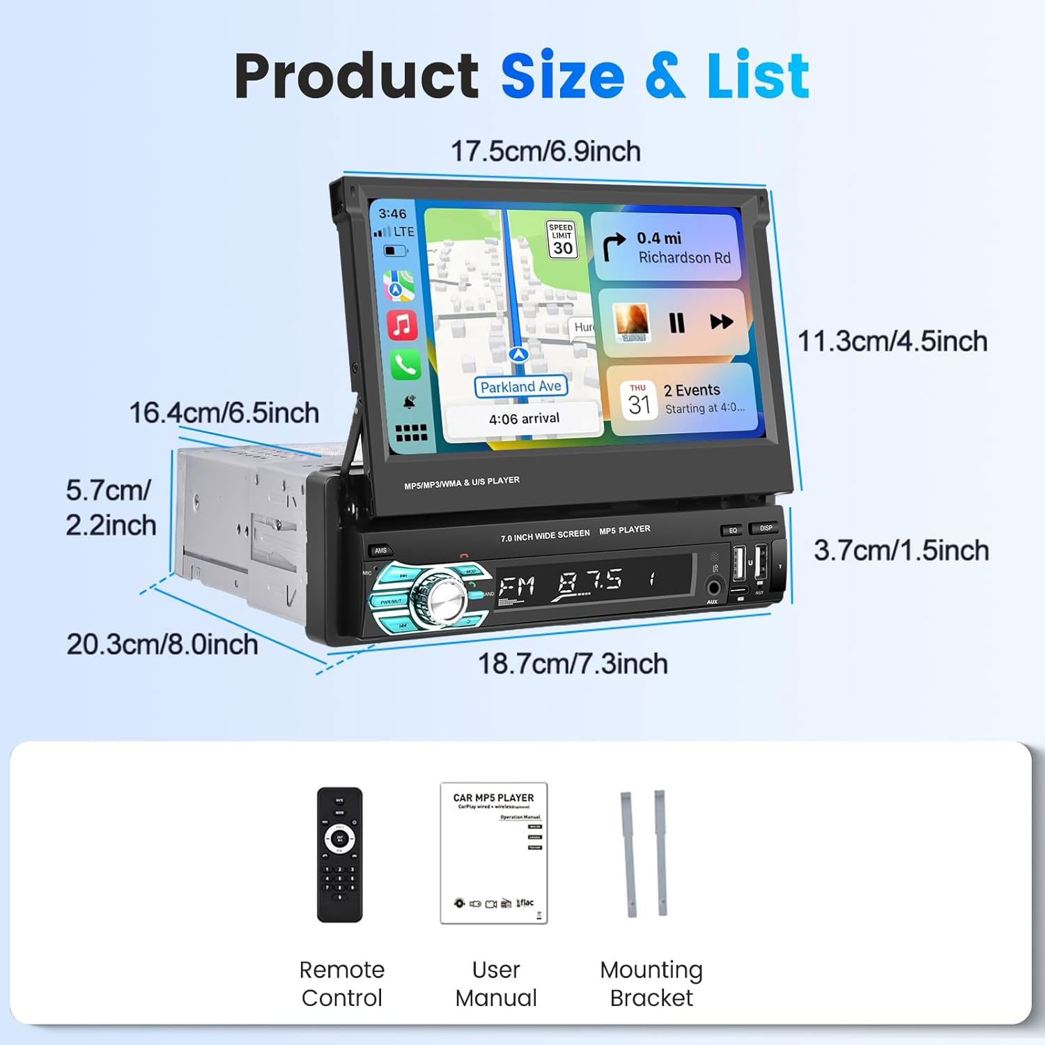Autoradio rétractable 7 pouces, CarPlay et Android Auto, 32+2 Go