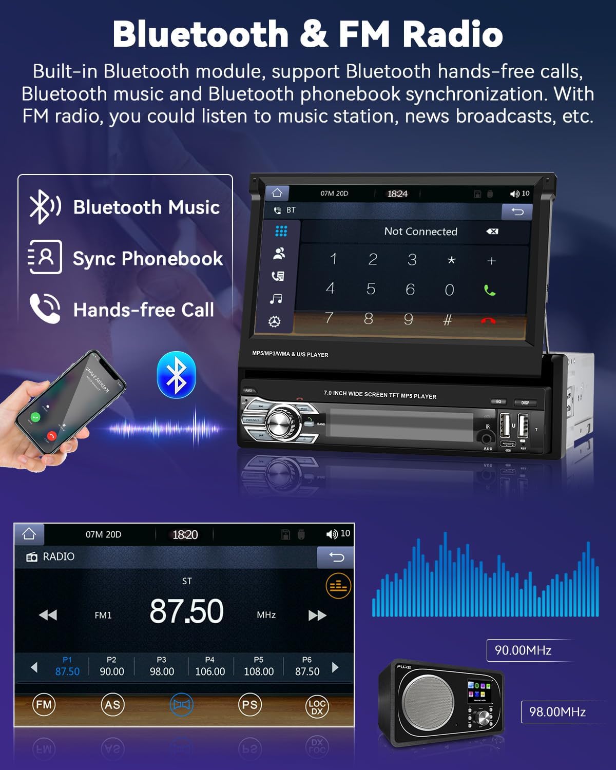 Autoradio rétractable 7 pouces, CarPlay et Android Auto, 32+2 Go