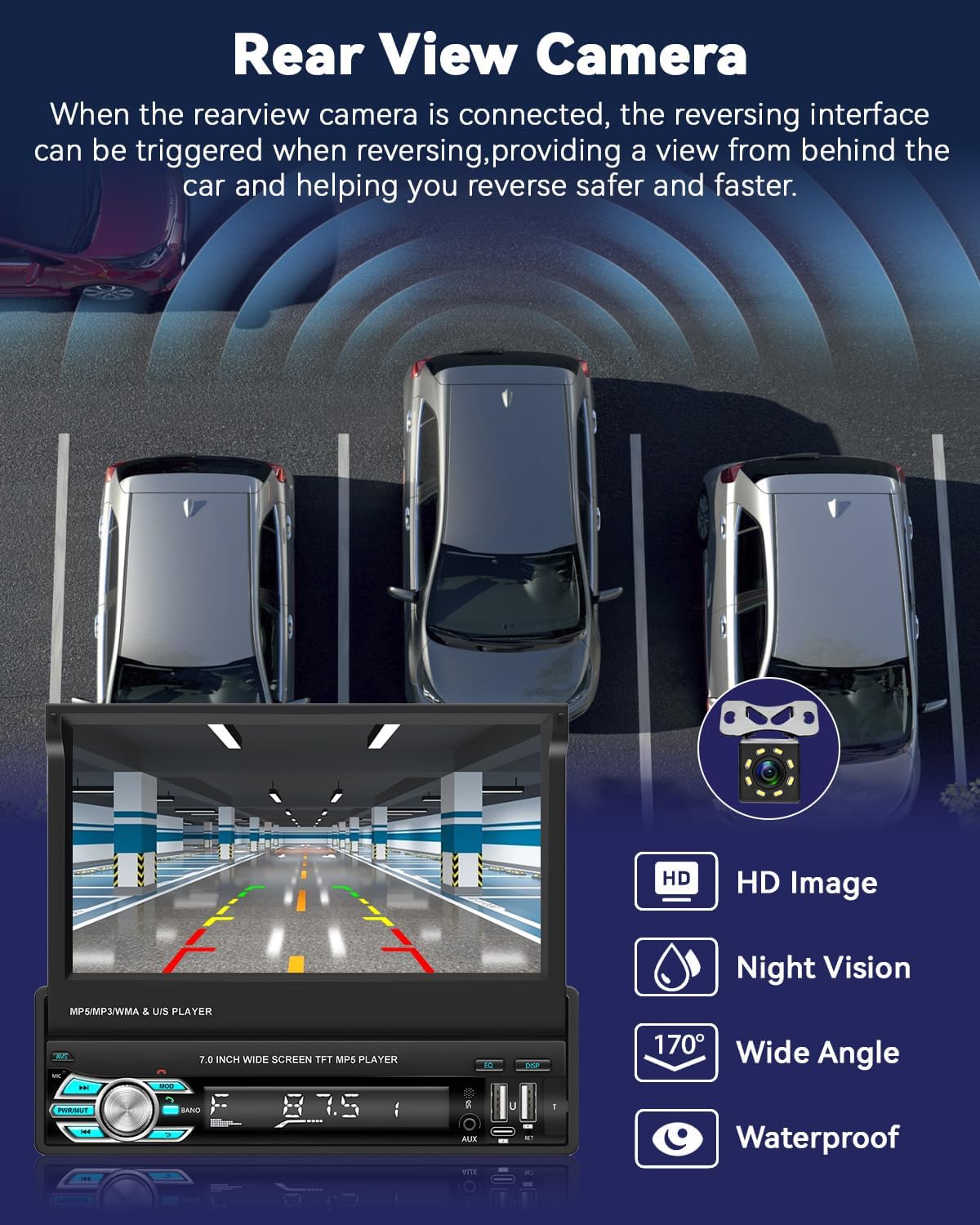 Autoradio rétractable 7 pouces, CarPlay et Android Auto, 32+2 Go