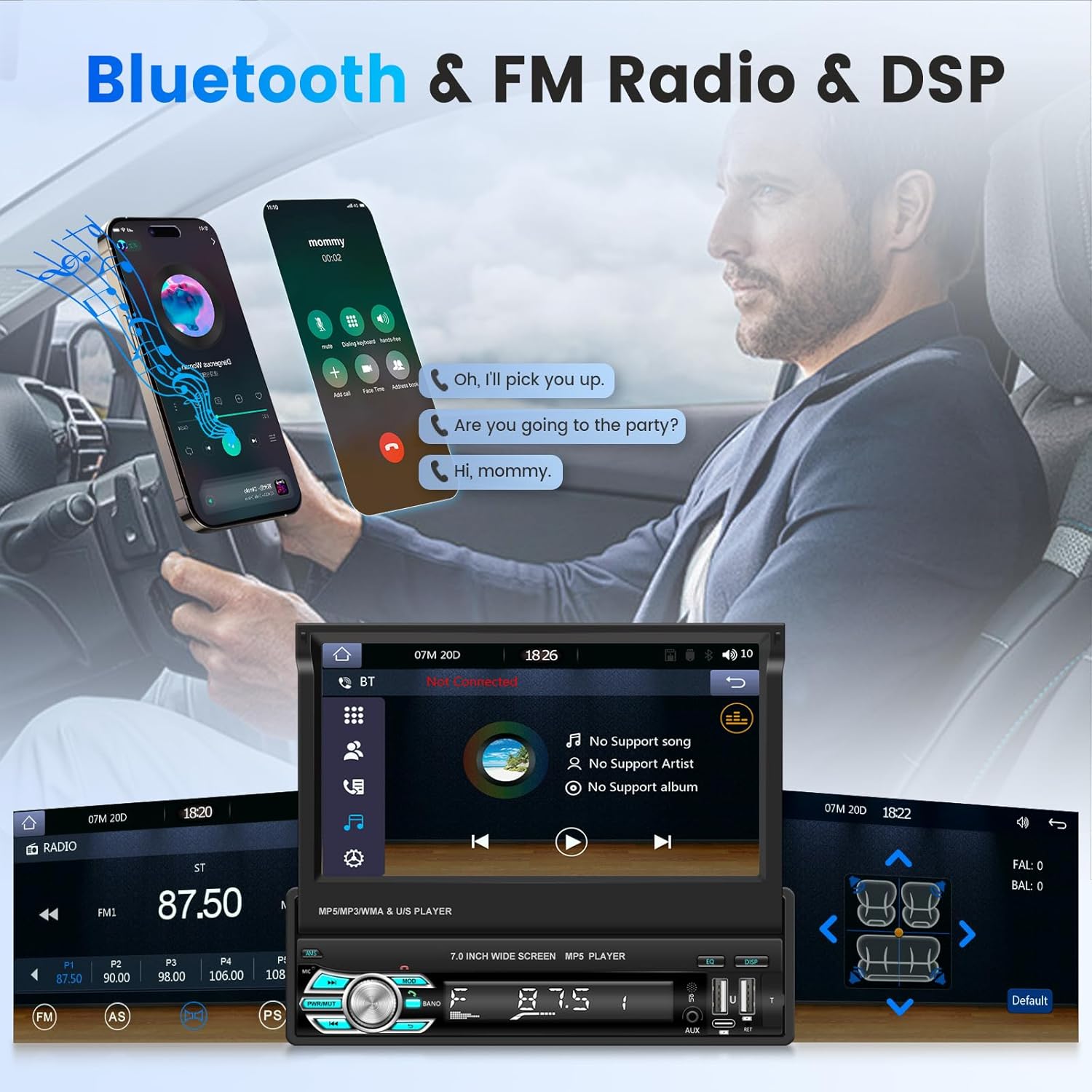 Autoradio rétractable 7 pouces, CarPlay et Android Auto, 32+2 Go