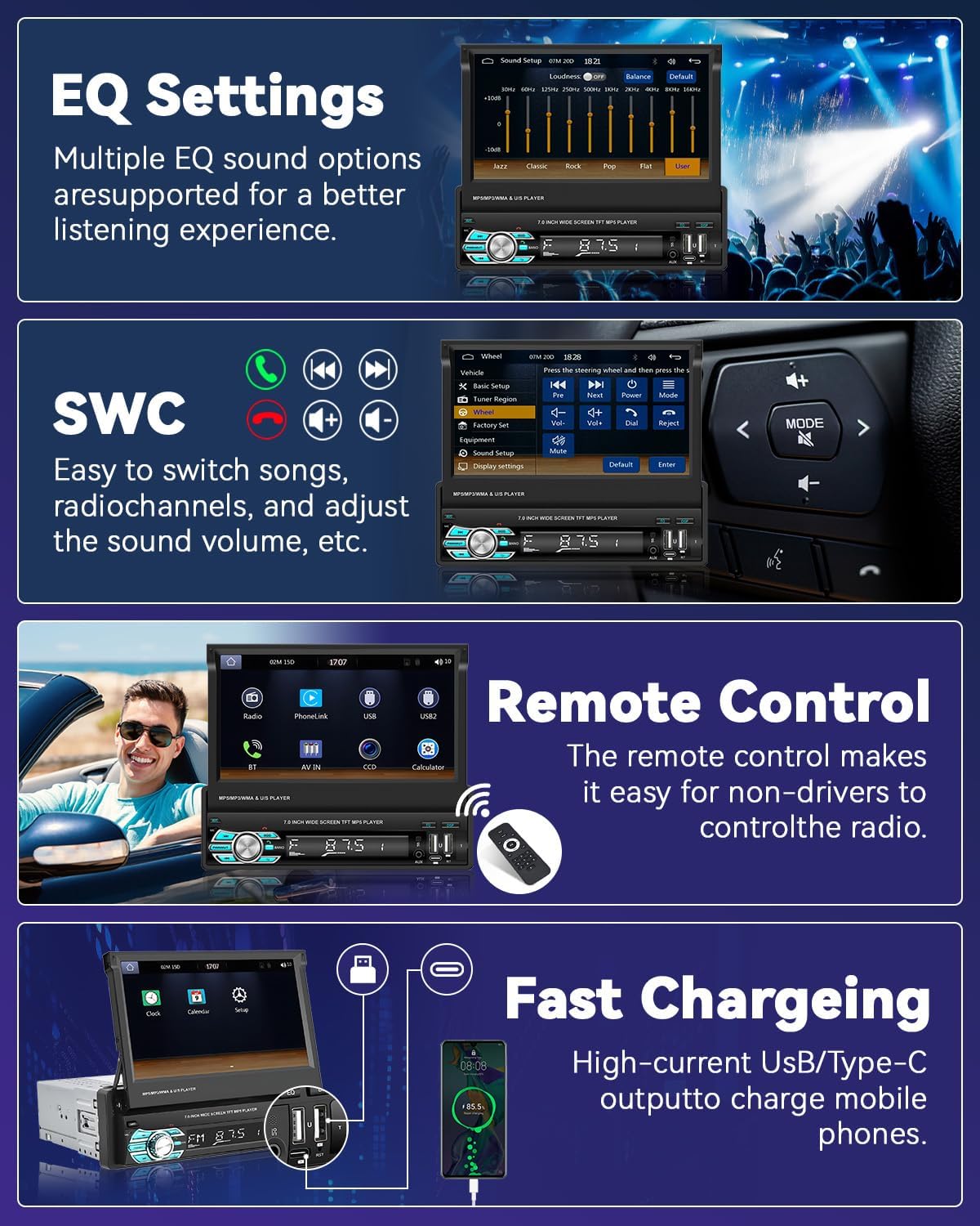 Autoradio rétractable 7 pouces, CarPlay et Android Auto, 32+2 Go