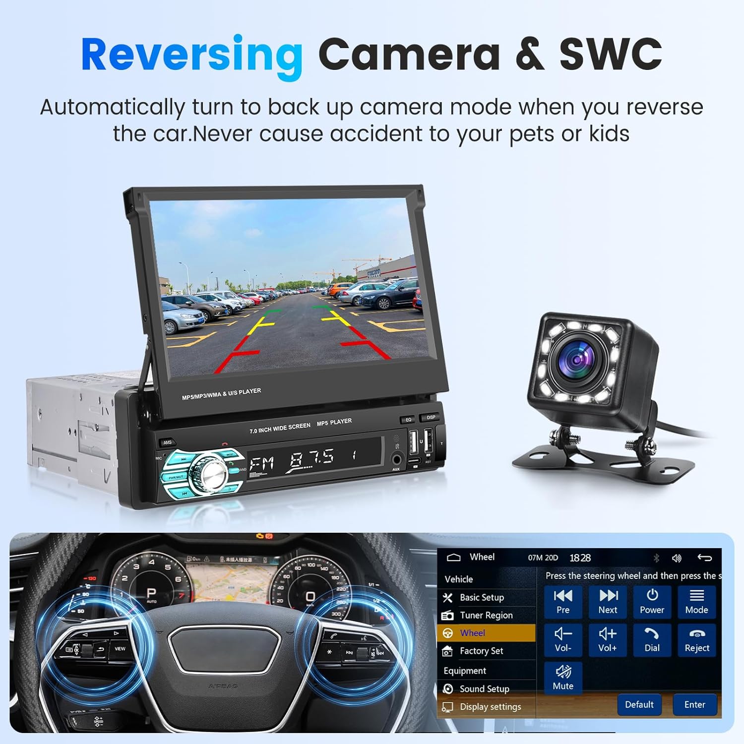 Autoradio rétractable 7 pouces, CarPlay et Android Auto, 32+2 Go