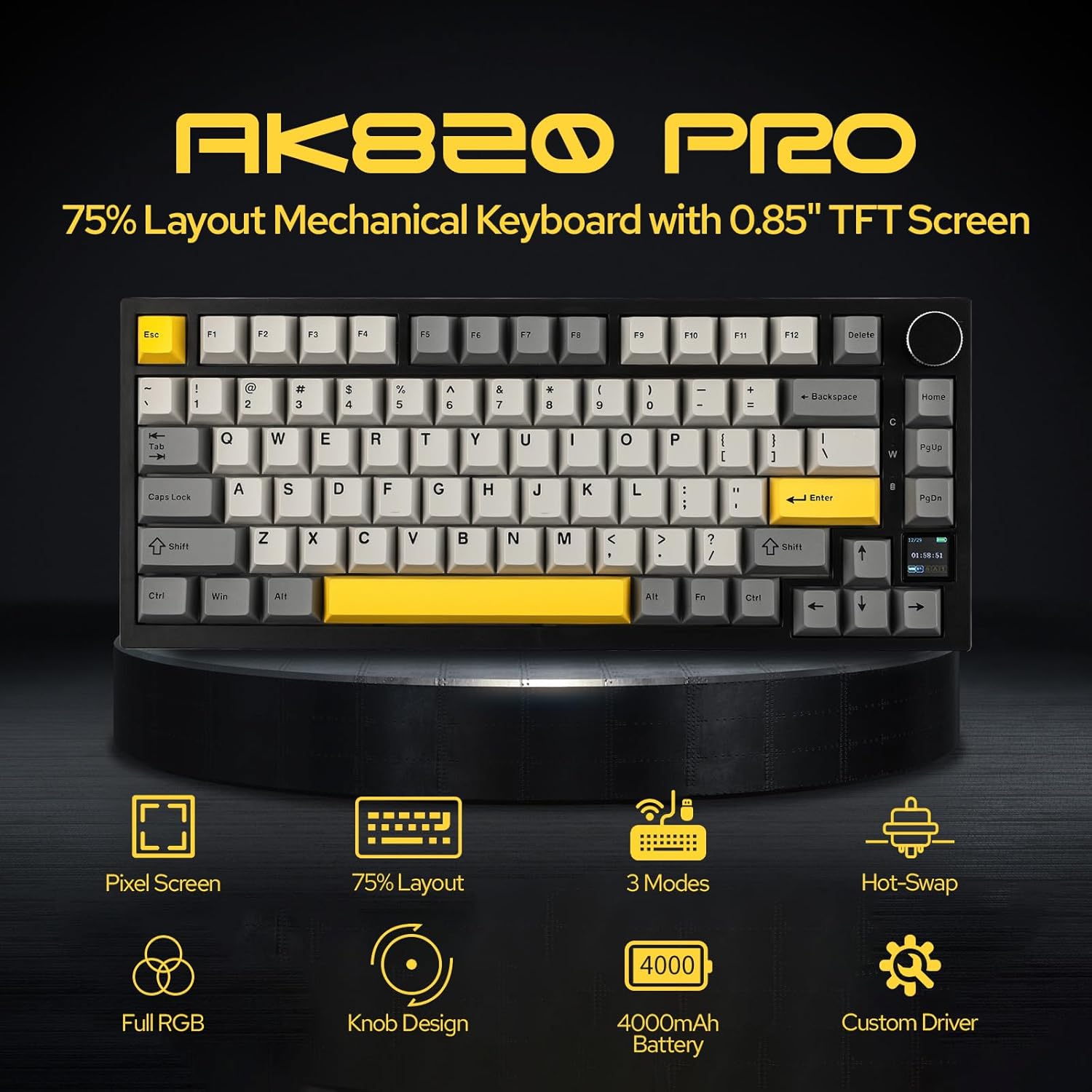 لوحة مفاتيح ميكانيكية Ajazz AK820 Pro، أسود، مع شاشة TFT وهيكل Gasket