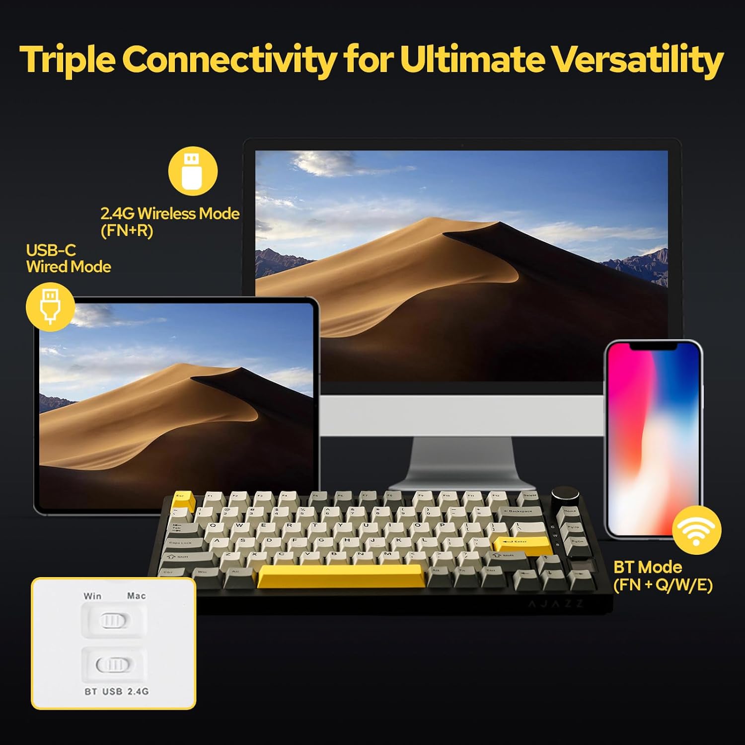 لوحة مفاتيح ميكانيكية Ajazz AK820 Pro، أسود، مع شاشة TFT وهيكل Gasket
