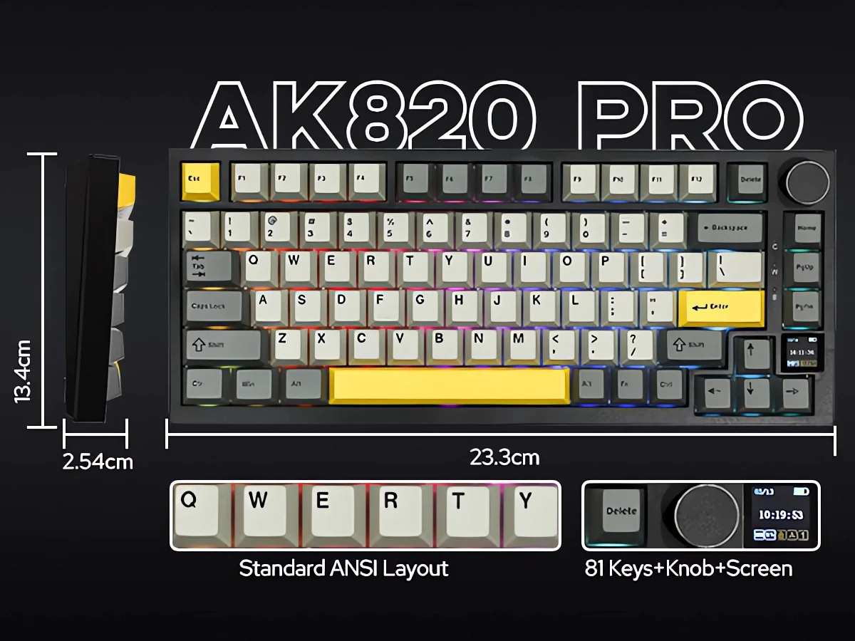 لوحة مفاتيح ميكانيكية Ajazz AK820 Pro، أسود، مع شاشة TFT وهيكل Gasket