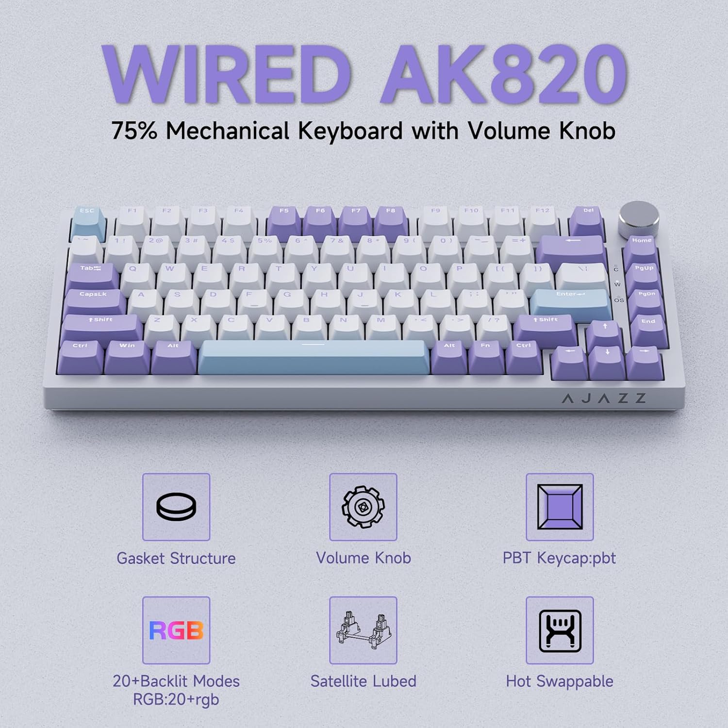 Clavier mécanique Ajazz AK820 violet avec bouton de volume et structure Gasket