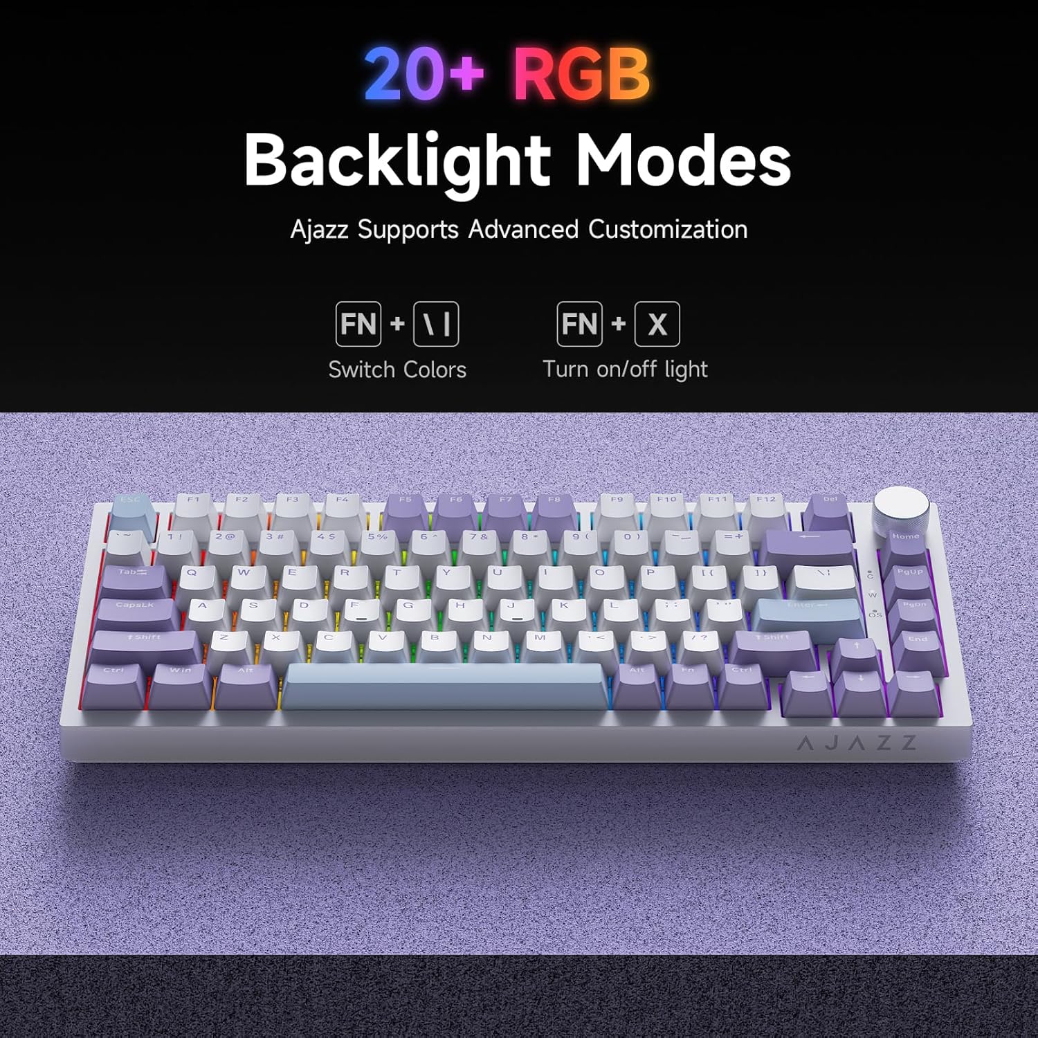 Clavier mécanique Ajazz AK820 violet avec bouton de volume et structure Gasket
