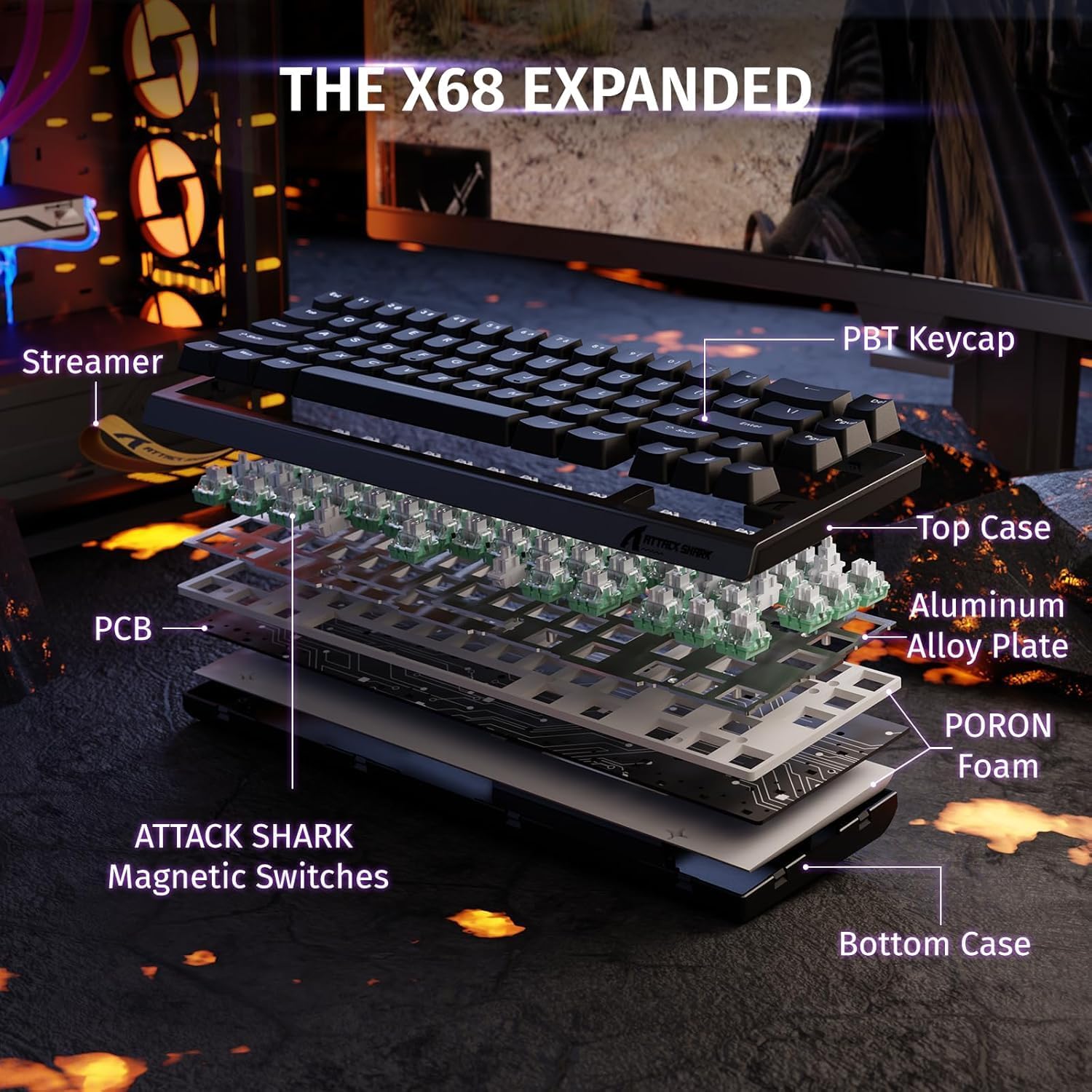 لوحة مفاتيح ألعاب مغناطيسية ATTACK SHARK X68HE 60% مع Rapid Trigger