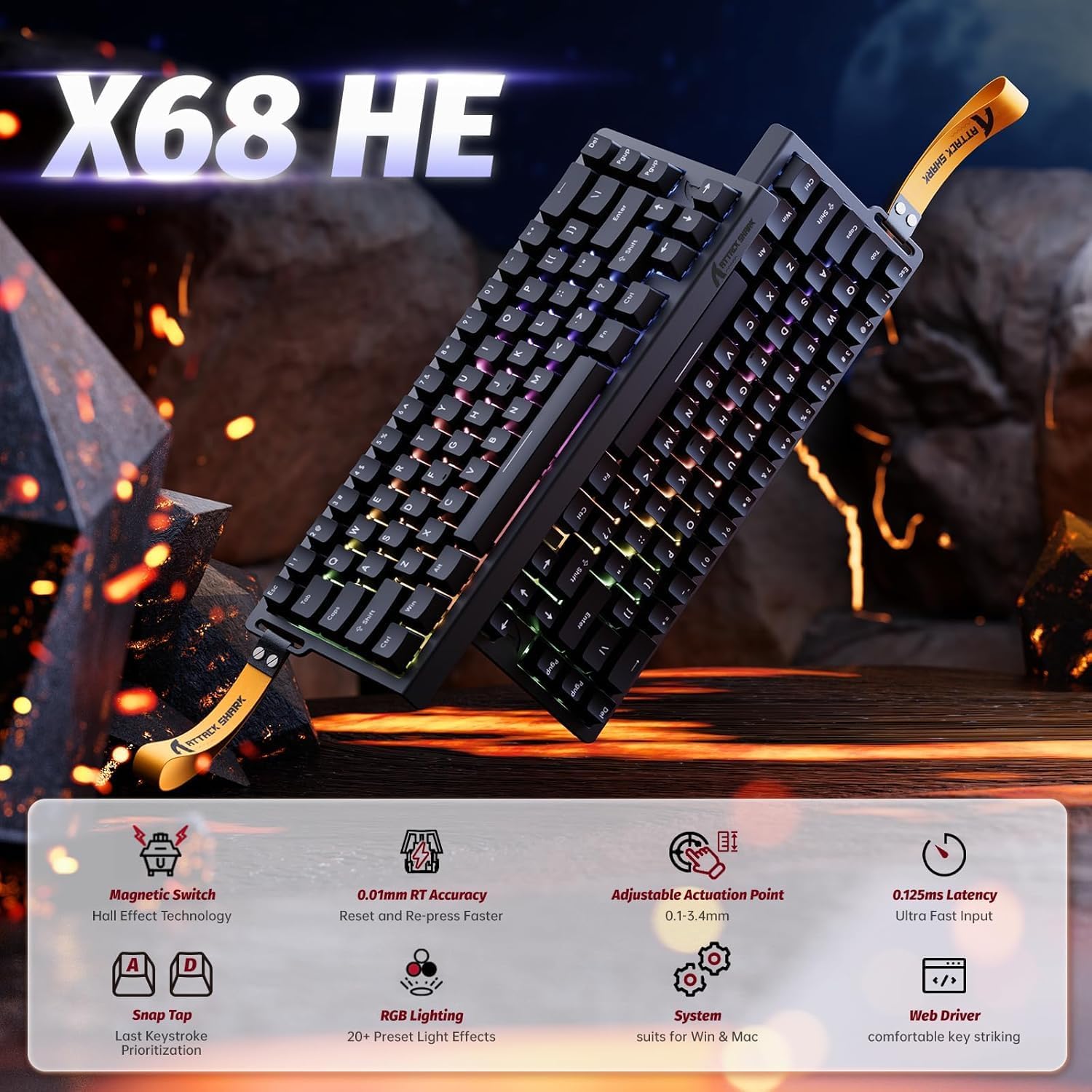 لوحة مفاتيح ألعاب مغناطيسية ATTACK SHARK X68HE 60% مع Rapid Trigger