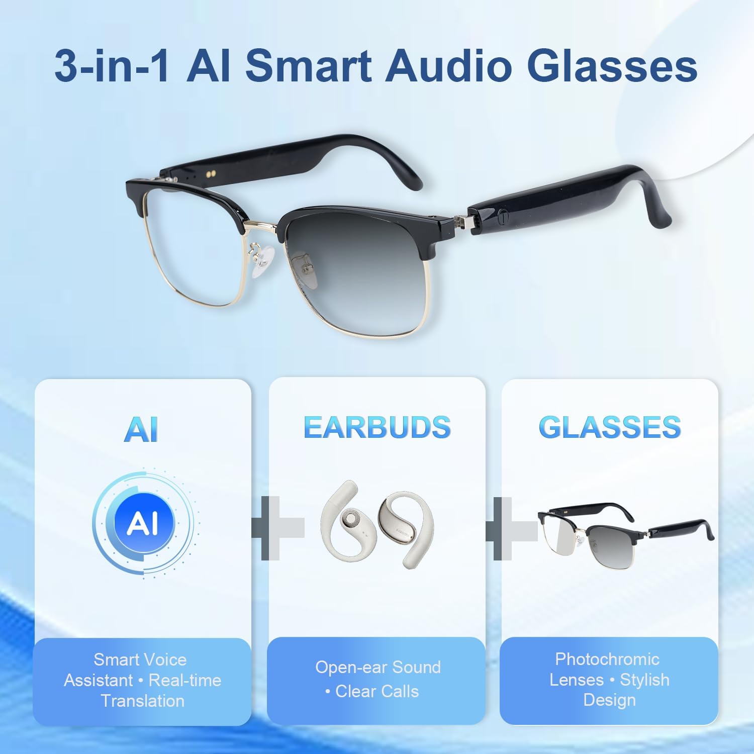 Lunettes connectées F60 traduction IA et audio open-ear Bluetooth 5.4