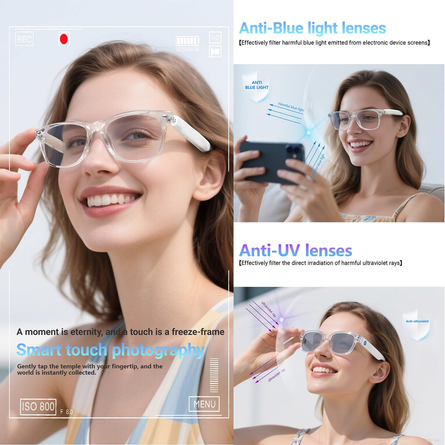 F20 AI translation smart glasses with open-ear audio Bluetooth 5.4